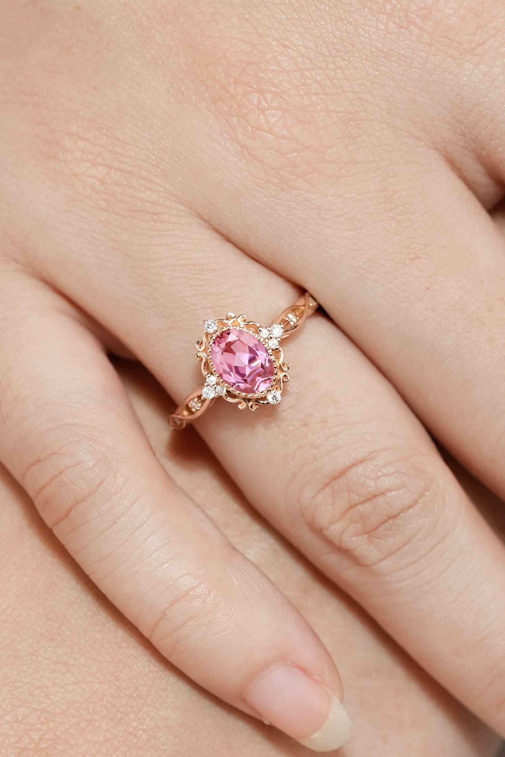 Signature Vintage Oval Cut Lab Pink Sapphire Engagement Ring