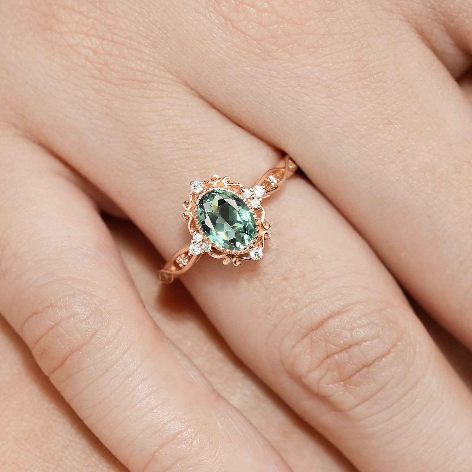 Signature Vintage Oval Cut Lab Green Sapphire Engagement Ring