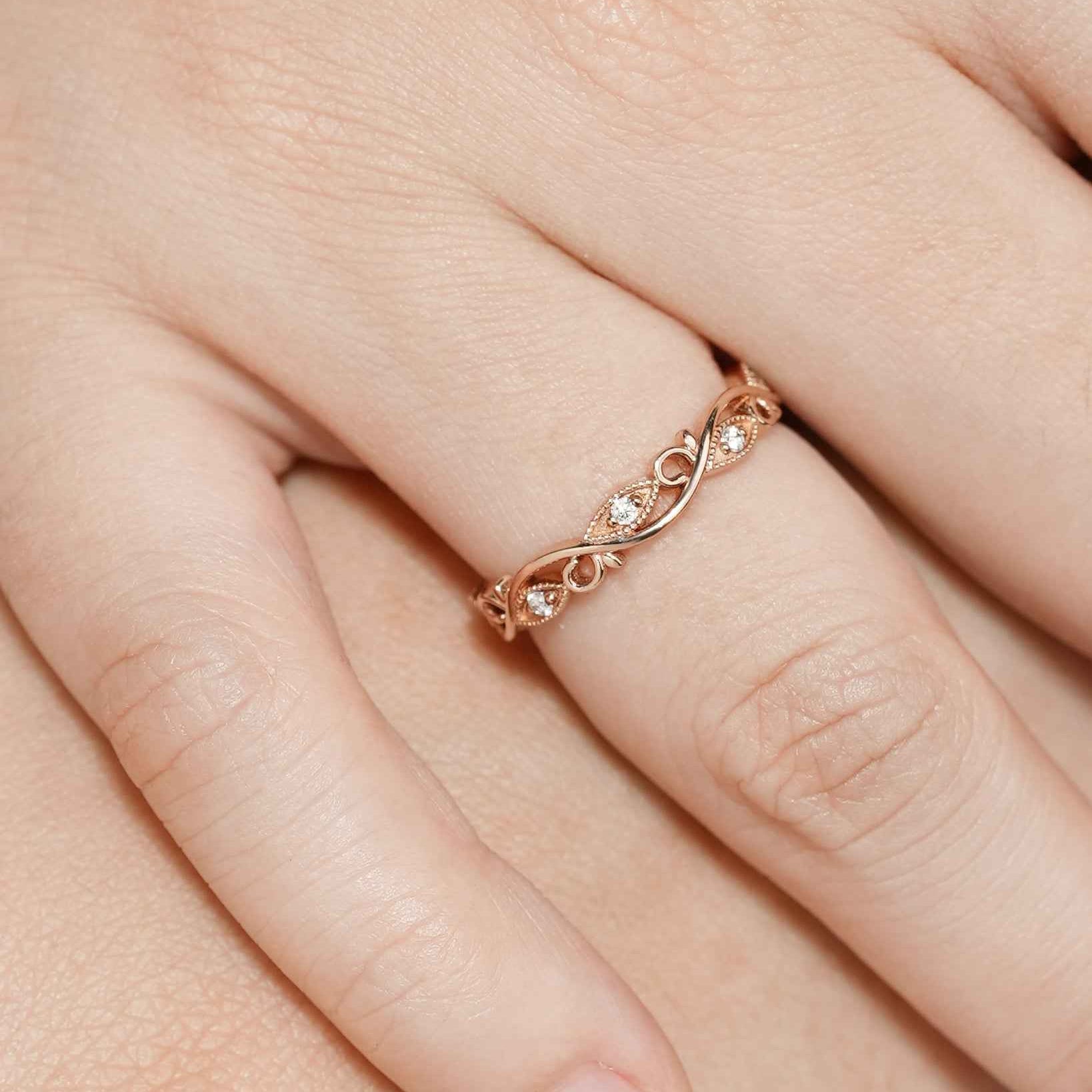 Unique Moissanite Straight Wedding Band Rose Gold Matching Rings Leaf Branch Ring