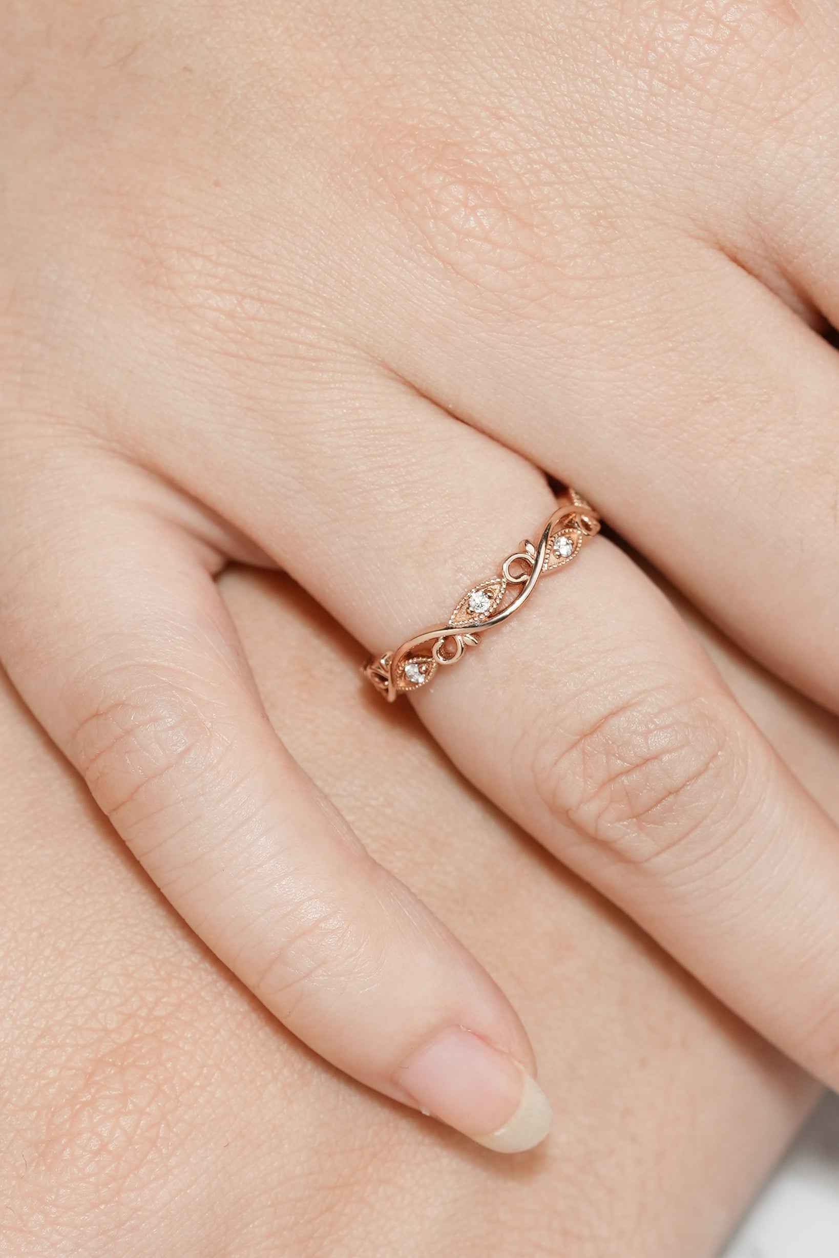 Unique Moissanite Straight Wedding Band Rose Gold Matching Rings Leaf Branch Ring
