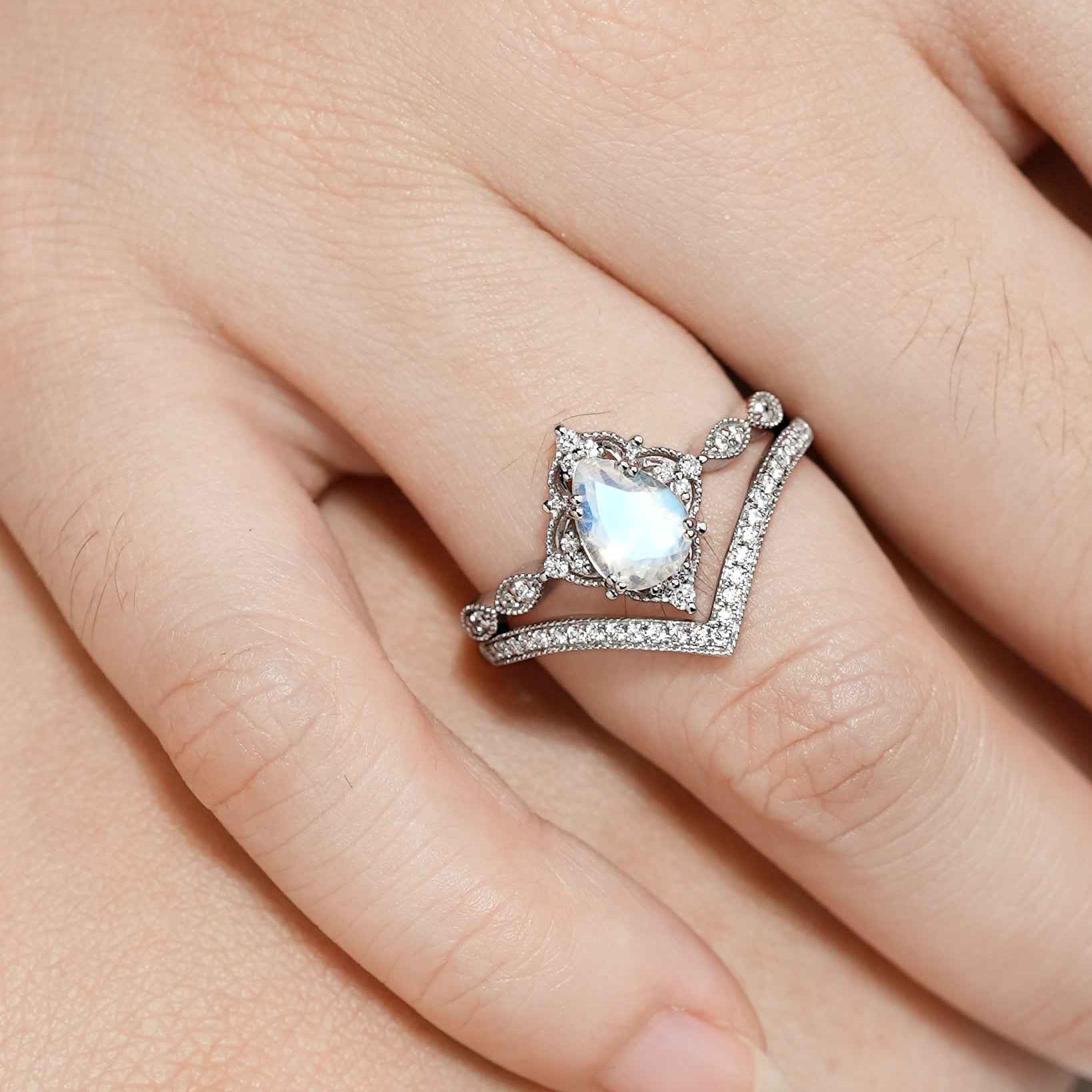 Pear Cut Moonstone Straight Moissanite Engagement Ring with V Shape Wedding Band