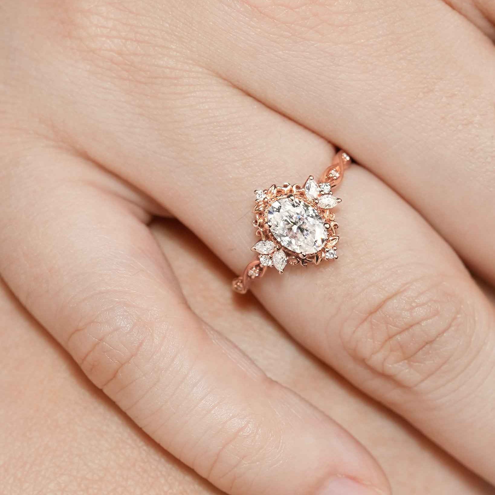 Art Deco Vintage Oval Moissanite Engagement Ring Rose Gold Promise Rings