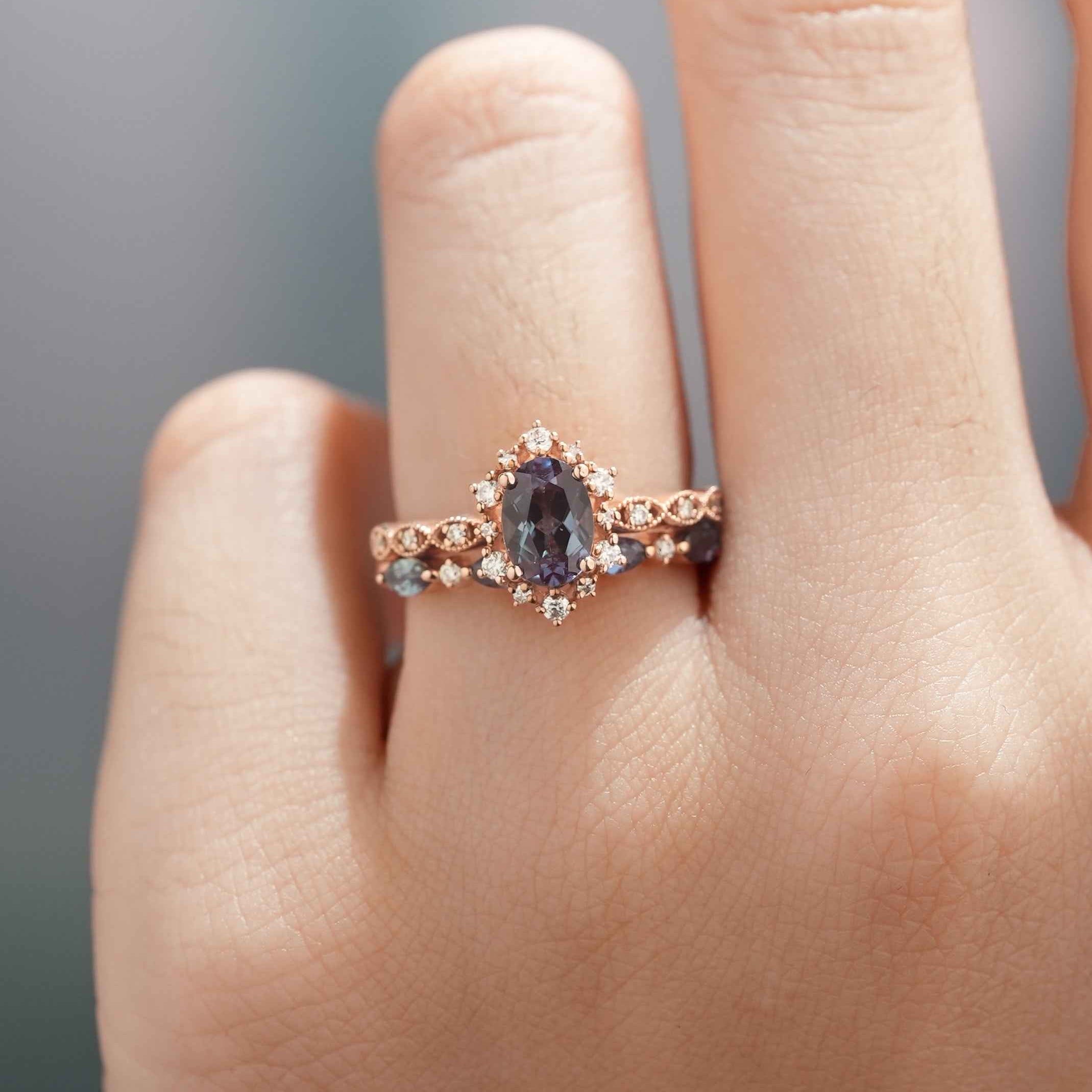 Dainty Oval Cut Alexandrite Engagement Ring Set Rose Gold Moissanite Wedding Band
