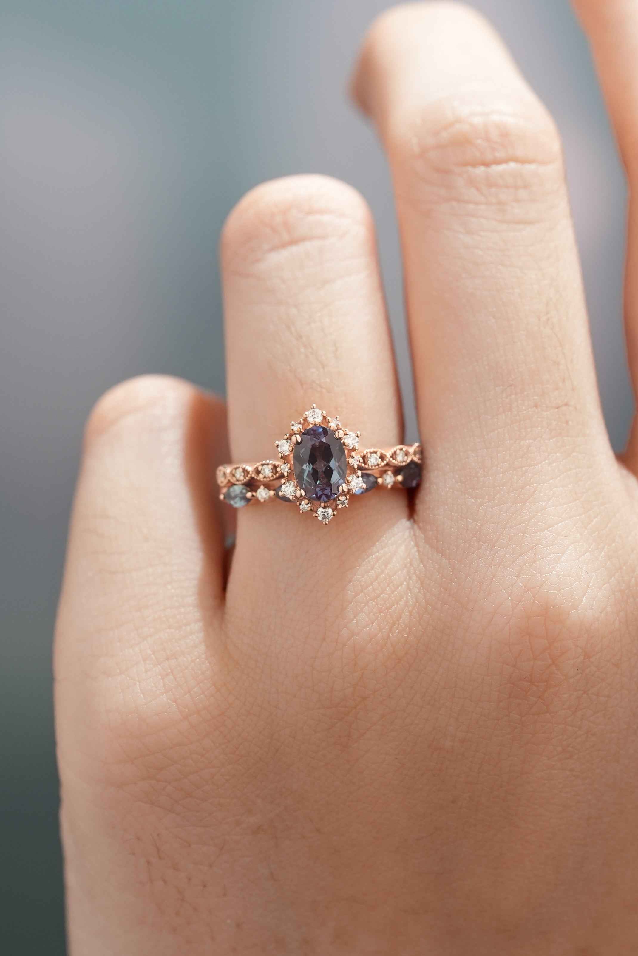 Dainty Oval Cut Alexandrite Engagement Ring Set Rose Gold Moissanite Wedding Band