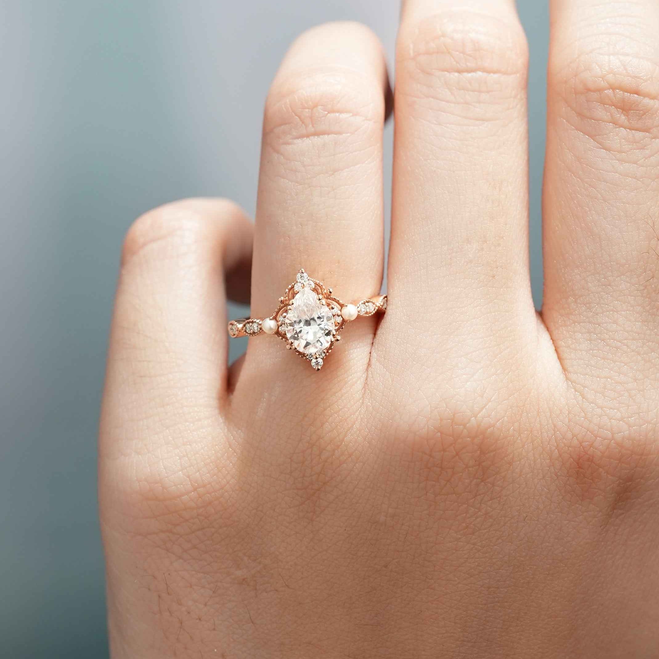 Vintage Pearl and Moissanite Cluster Wedding Band Anniversary Promise Ring