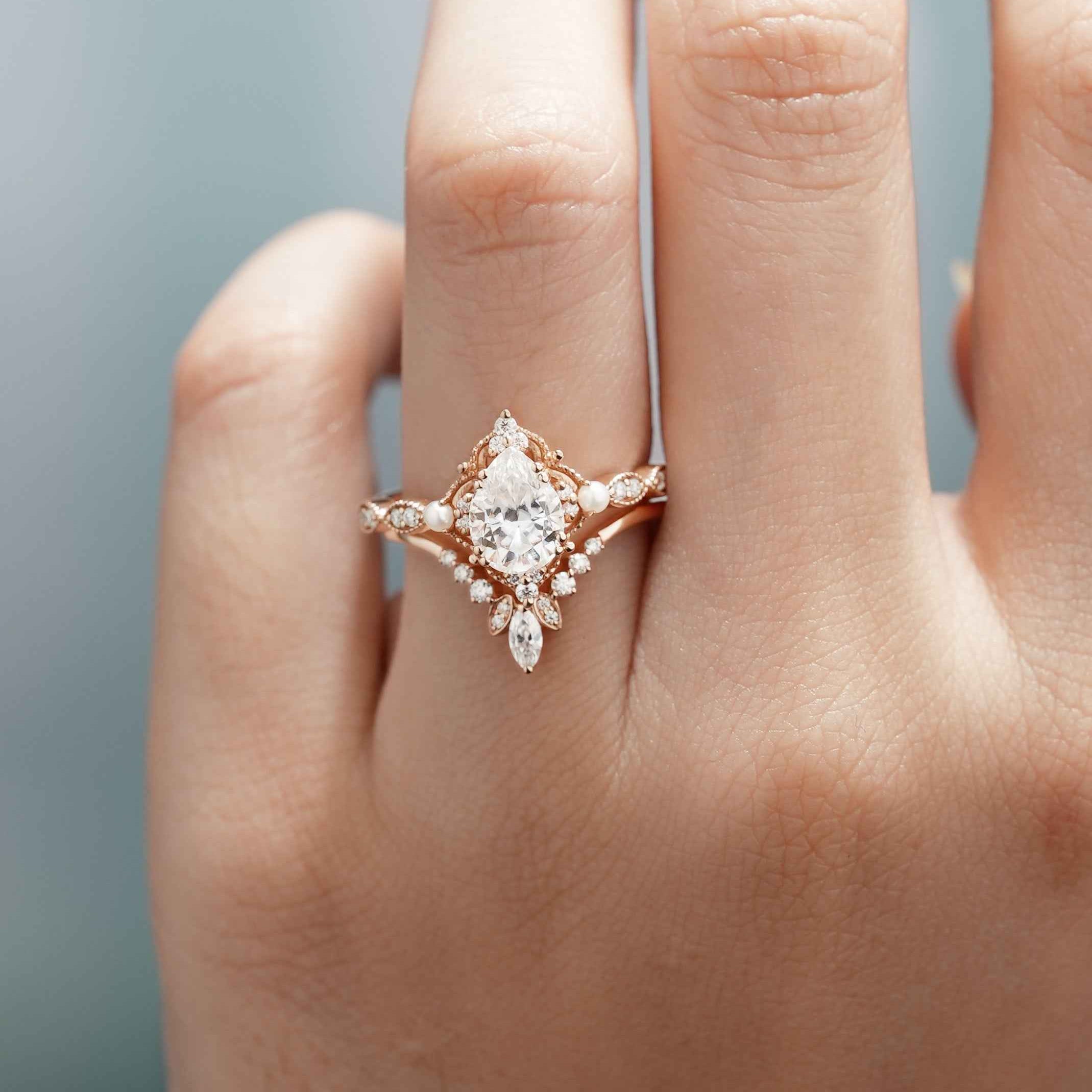Vintage Pearl and Moissanite Engagement Ring Set Moissanite Cluster Wedding Band