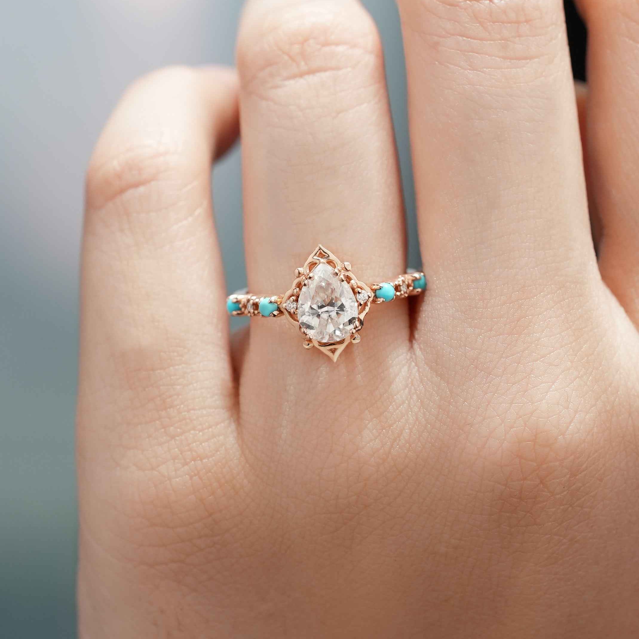 Vintage Pear Cut Moissanite Engagement Ring Turquoise Wedding Band