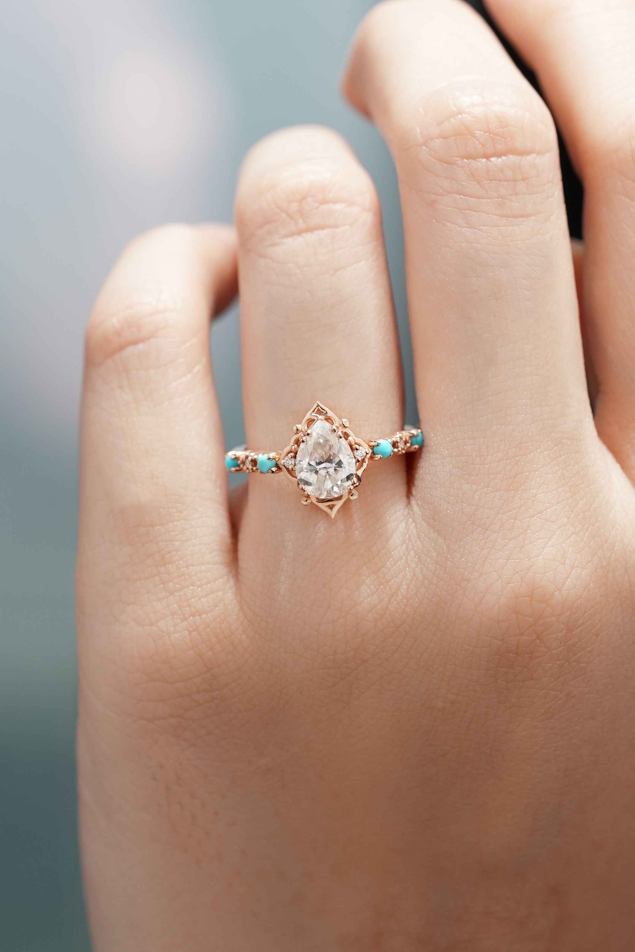 Vintage Pear Cut Moissanite Engagement Ring Turquoise Wedding Band