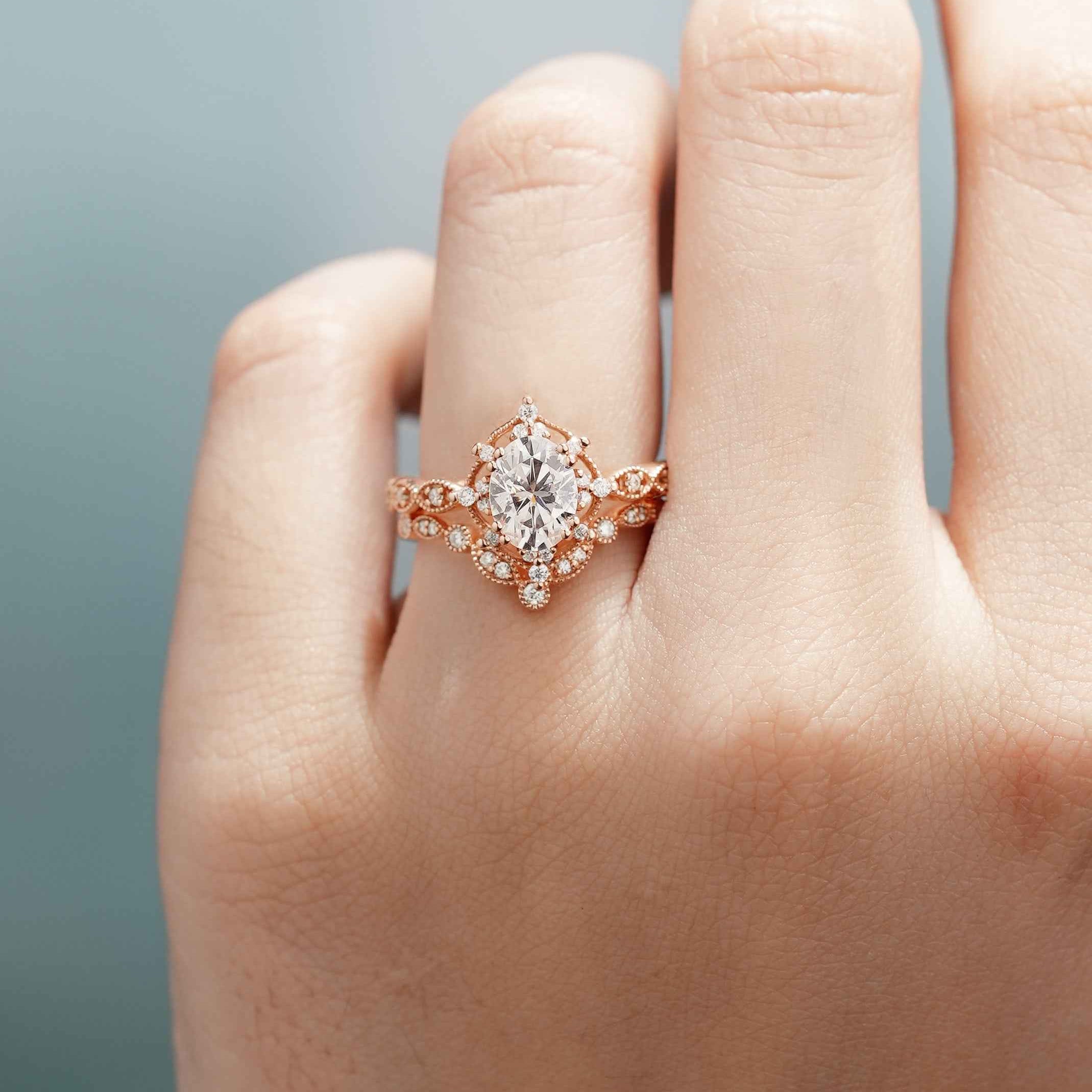 Oval Rose Gold Moissanite Crown Engagement Ring Promise Bridal Ring Set