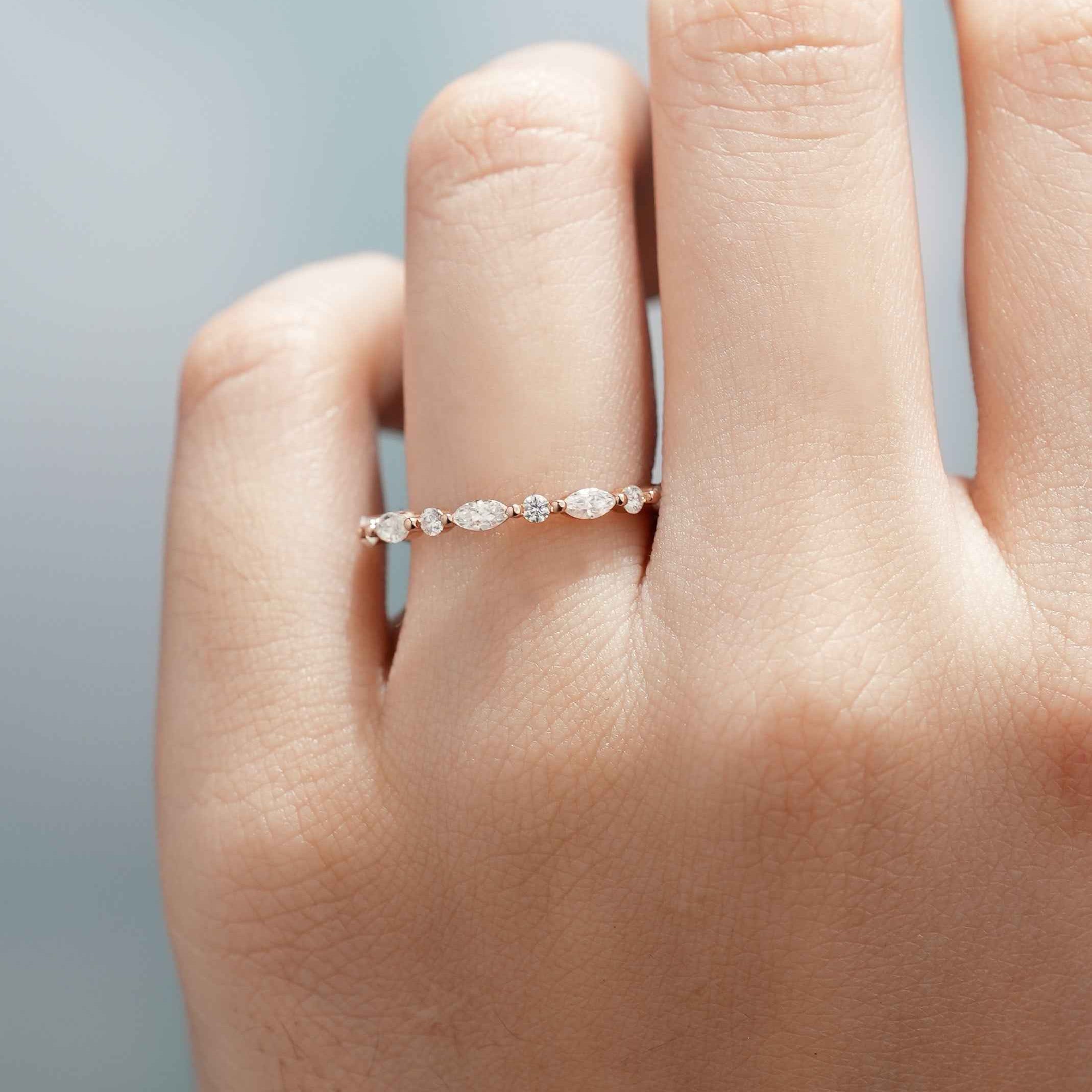 Minimalist Marquise Mossianite Wedding Band Rose Gold Promise Ring