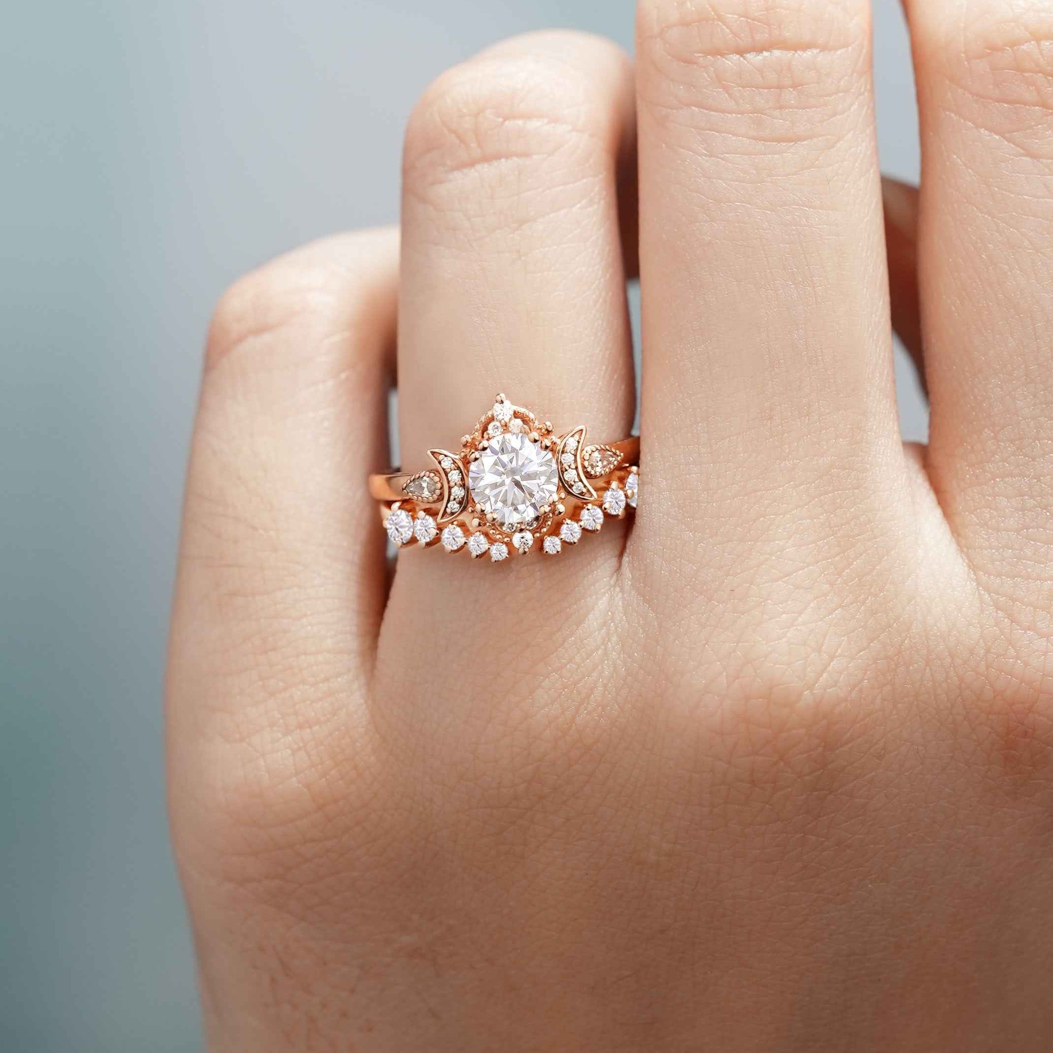 Unique Round Moissanite Engagement Ring Set With 2 Moons Open Wedding Band