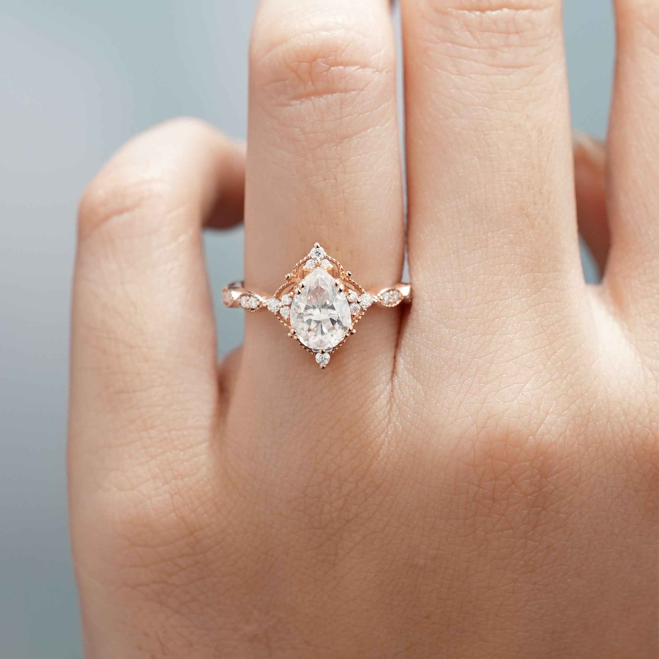 Vintage Pear Cut Moissanite Engagement Ring Rose Gold Ring
