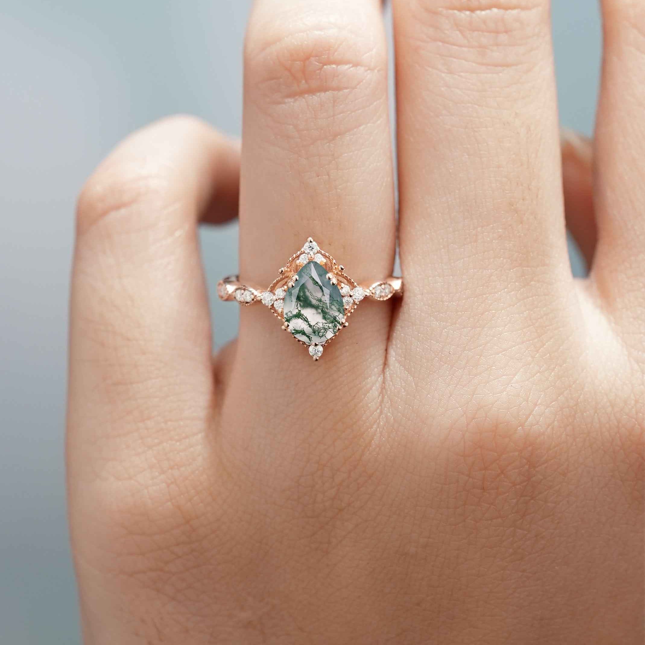 Signature Vintage Pear Cut Moss Agate Engagement Ring