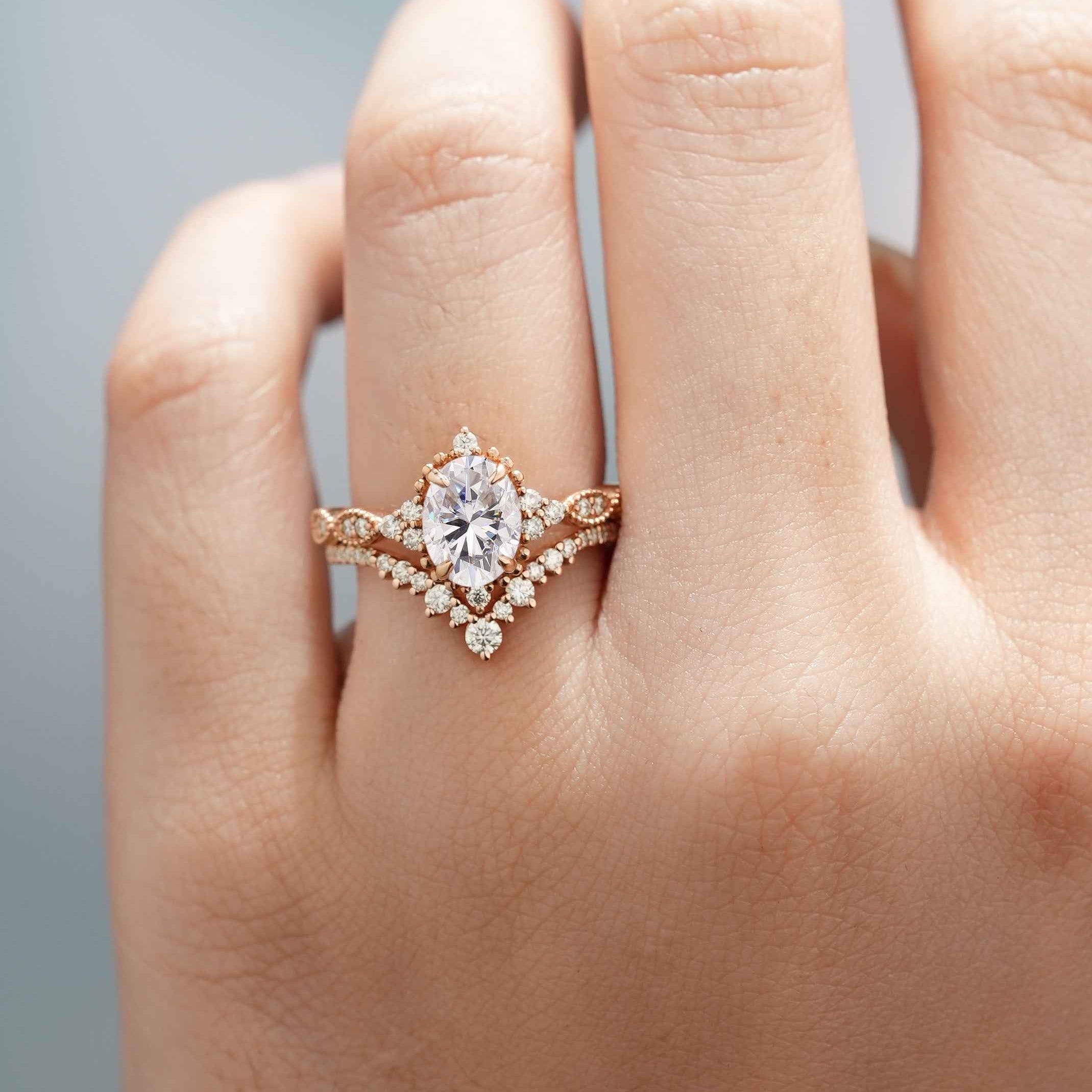 Vintage Oval Cut Moissanite Engagement Bridal Set Chevron Wedding Ring