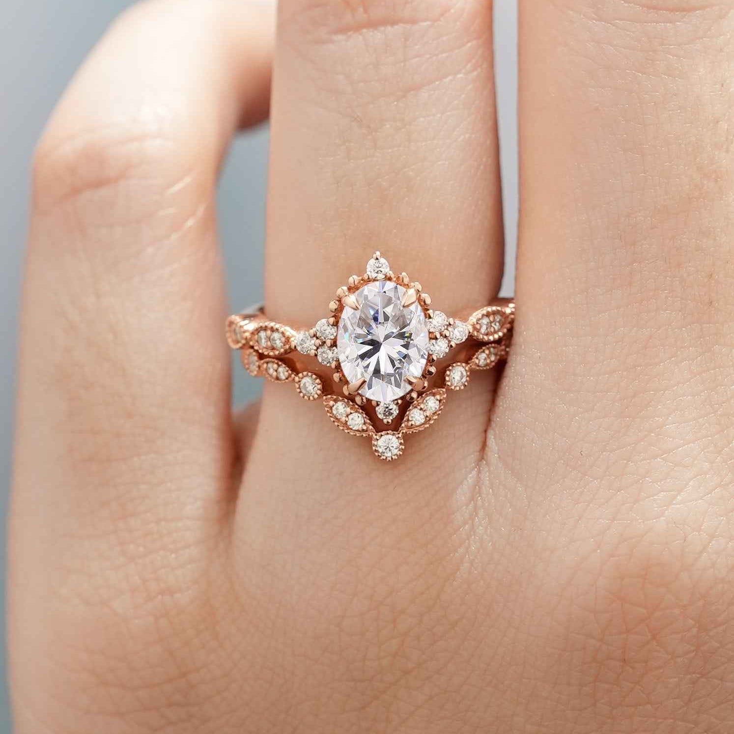 Oval Cut Moissanite Engagement Ring Set V Shaped Moissanite Wedding Band