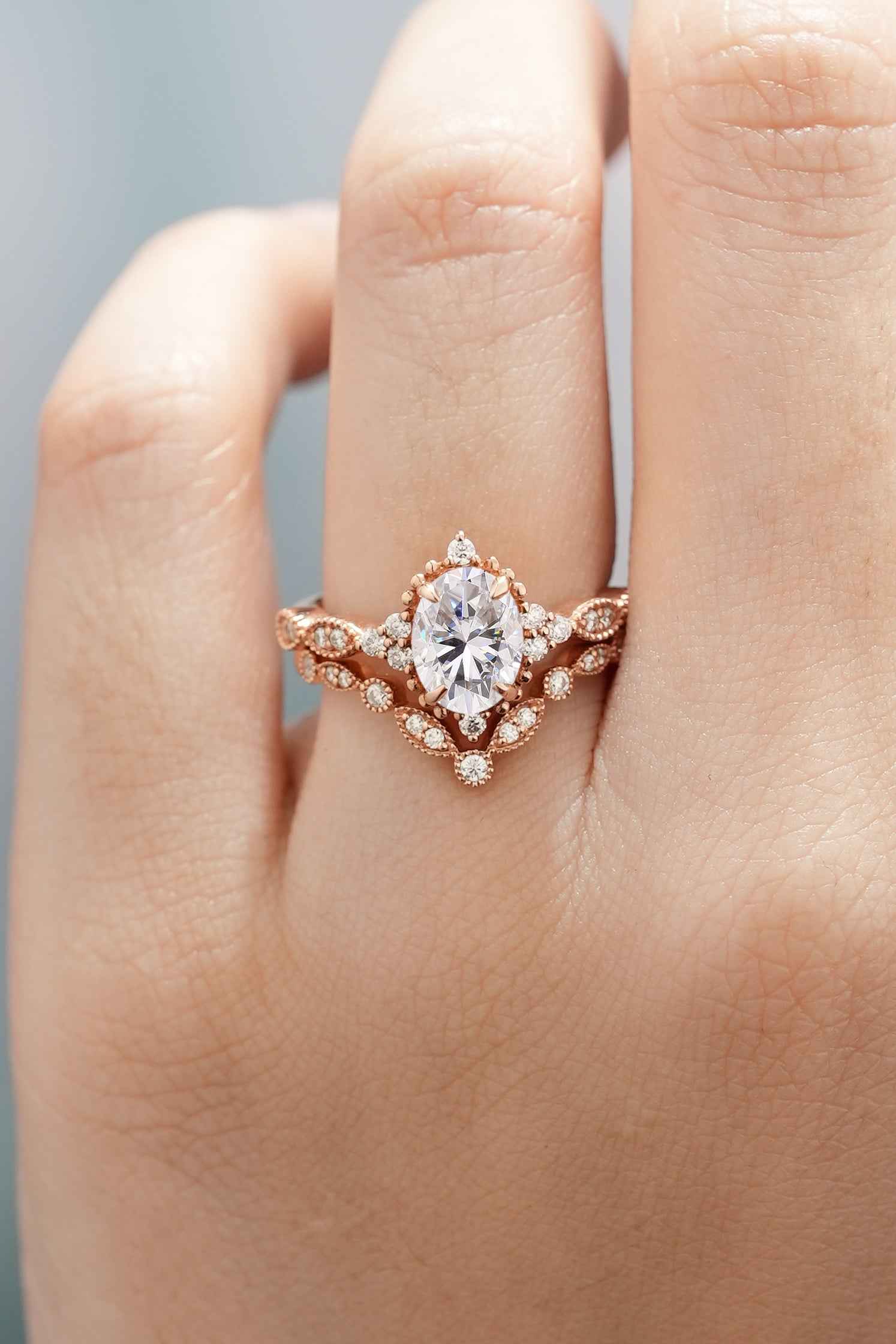 Oval Cut Moissanite Engagement Ring Set V Shaped Moissanite Wedding Band