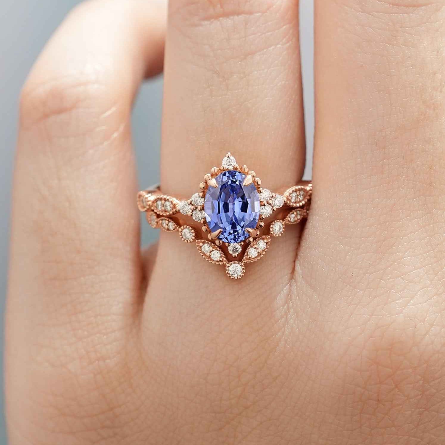 Oval Cut Lab Blue Sapphire Minimalist Engagement Ring 2pcs