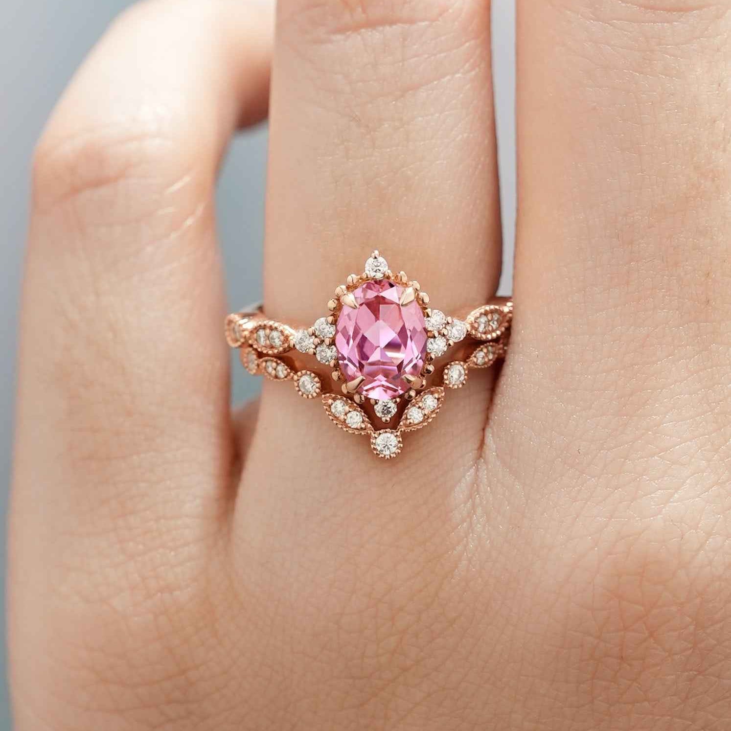 Oval Cut Lab Pink Sapphire Affordable Wedding Ring Set 2pcs