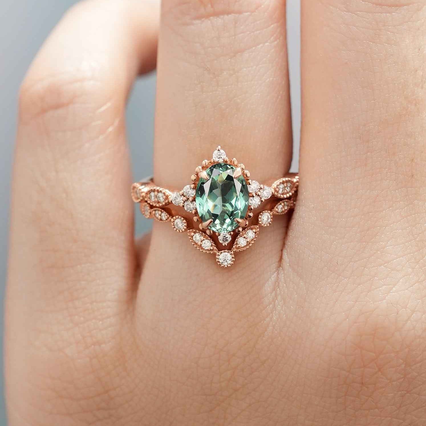 Oval Cut Lab Green Sapphire Engagement Ring Set V Shaped Wedding Band 2pcs
