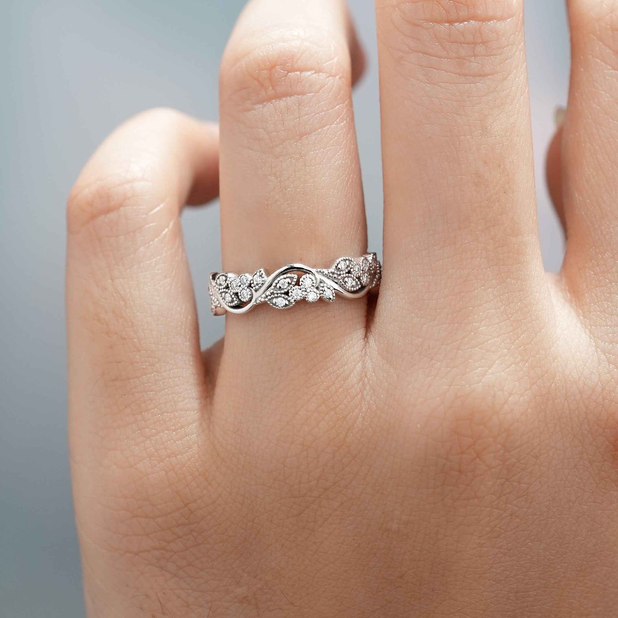 Art Deco Moissanite Leaf Floral Ring Leaf Vine Wedding Ring