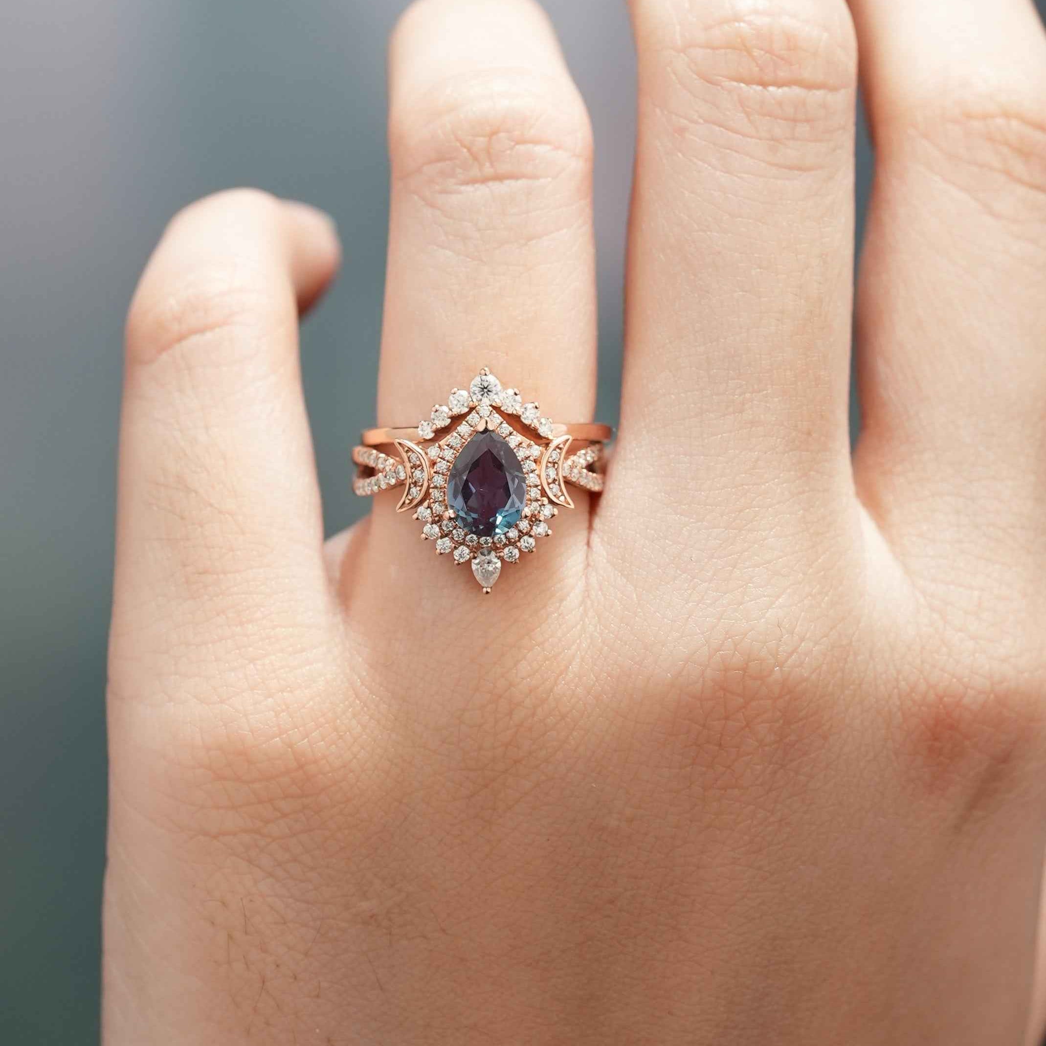 Unique Pear Shaped Alexandrite Engagement Ring Set Moissanite Cluster Wedding Band