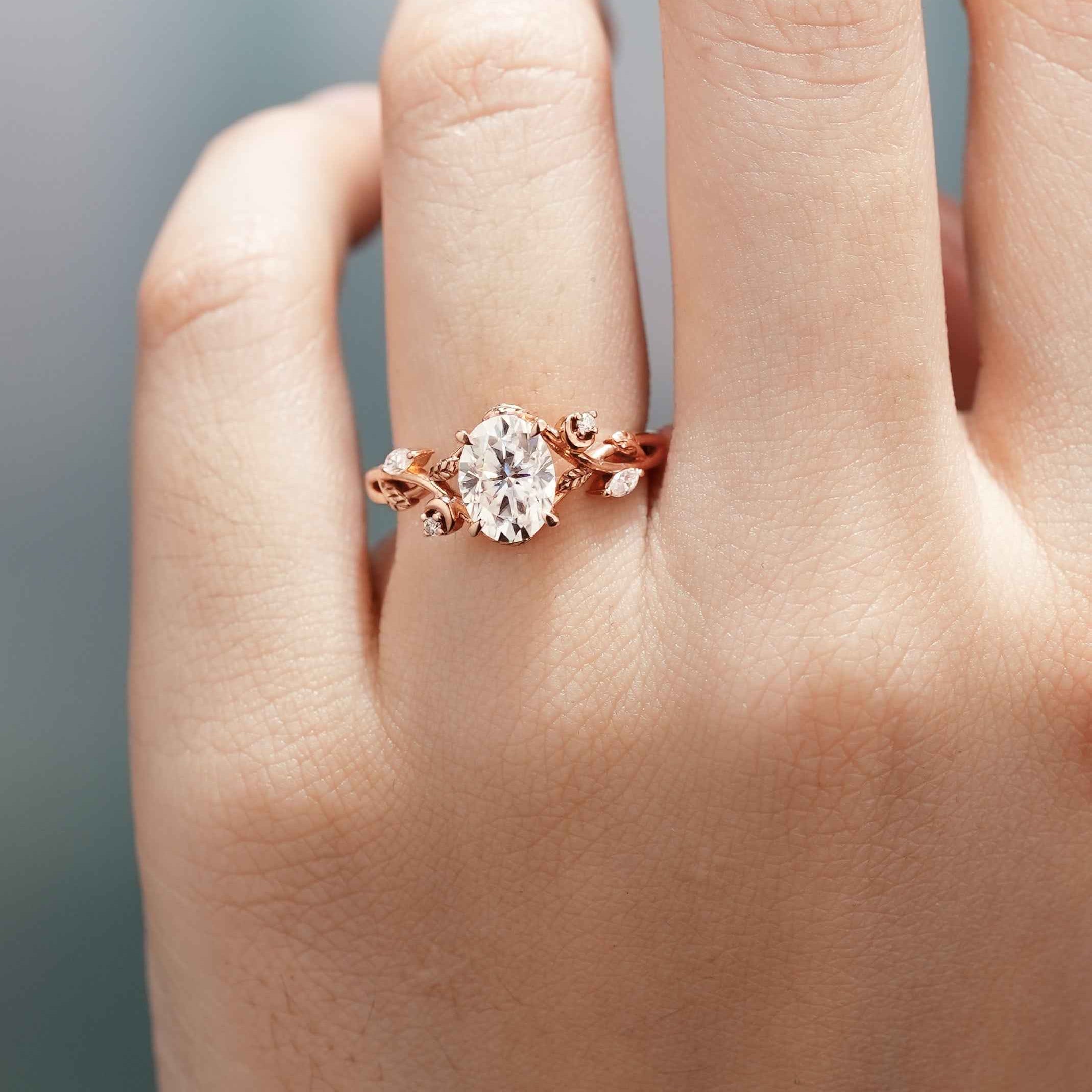 Nature Inspired Leaf Shaped Oval Moissanite Engagement Ring