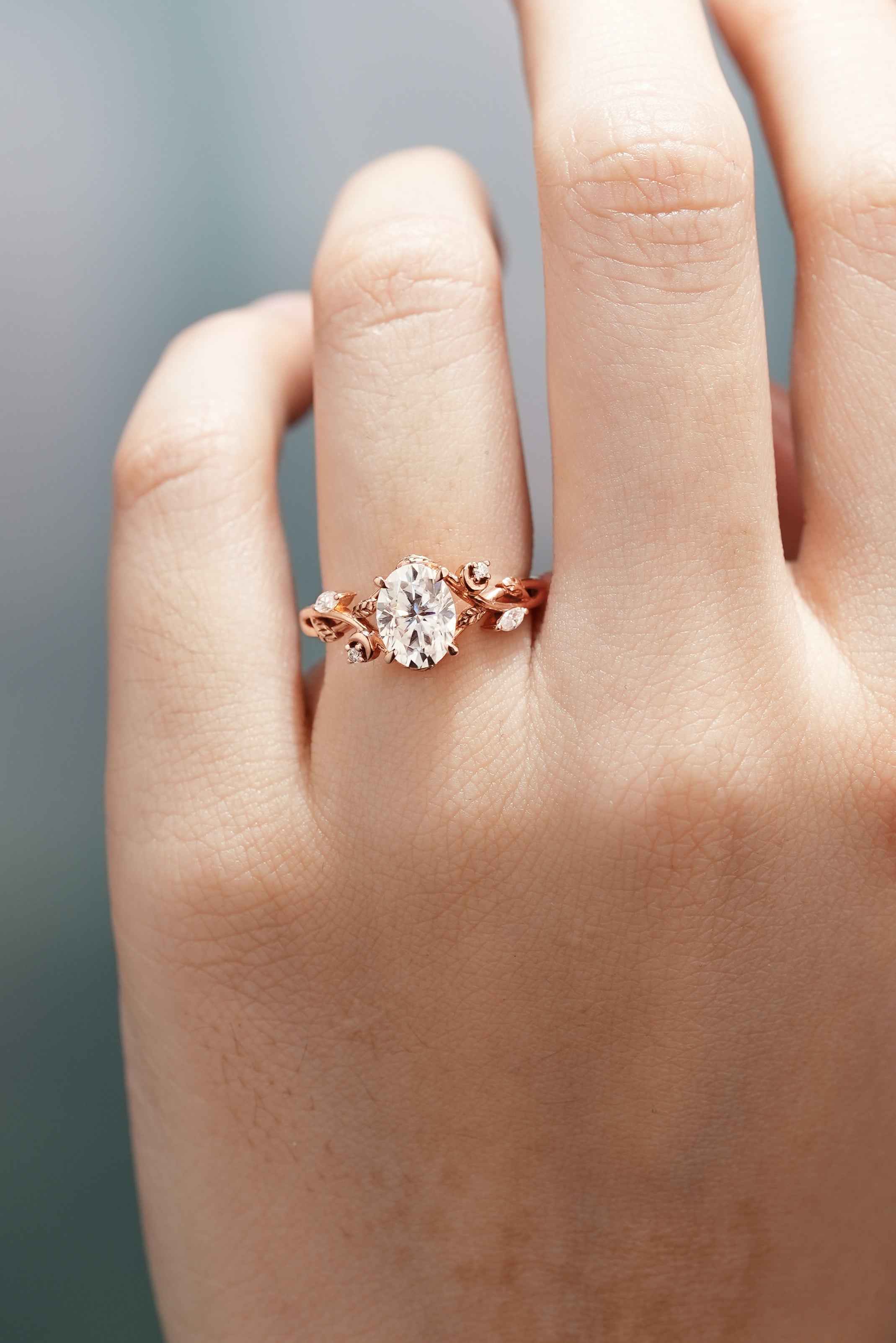 Nature Inspired Leaf Shaped Oval Lab-Diamond Engagement Ring