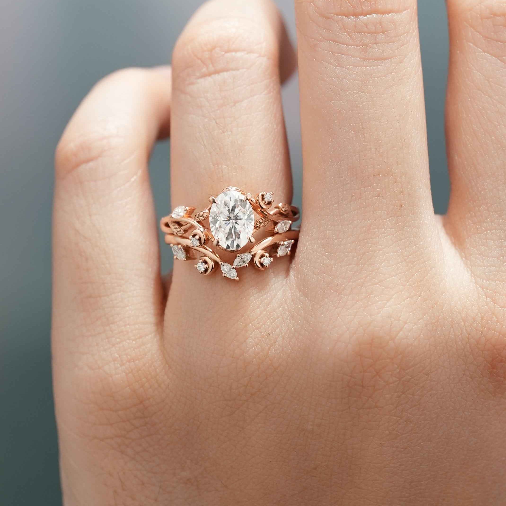 Nature Inspired Leaf Oval Moissanite Engagement Ring Set Moon Shaped Wedding Band