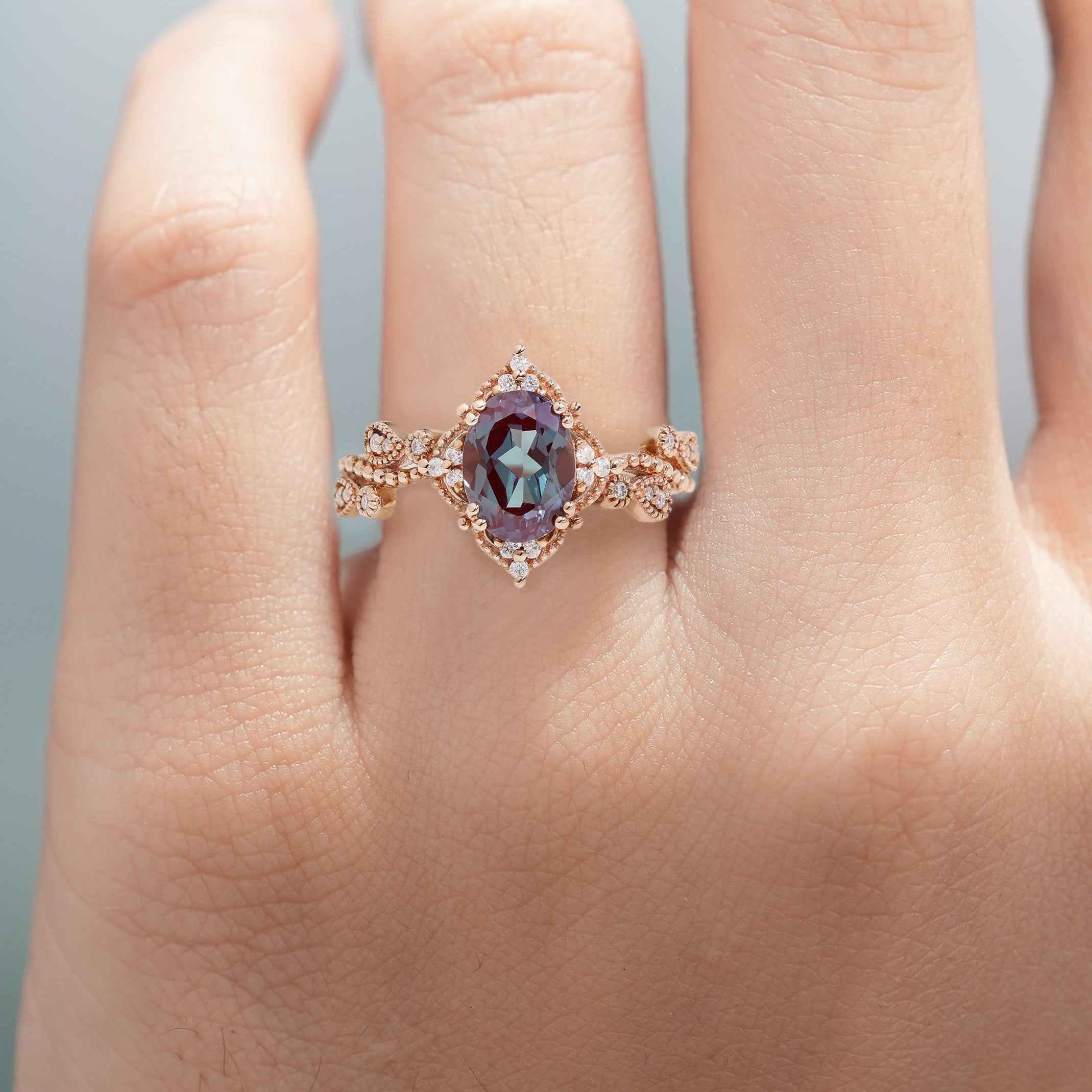 Vintage Rose Gold Alexandrite Handmade Ring Oval Cut Twisted Wedding Band