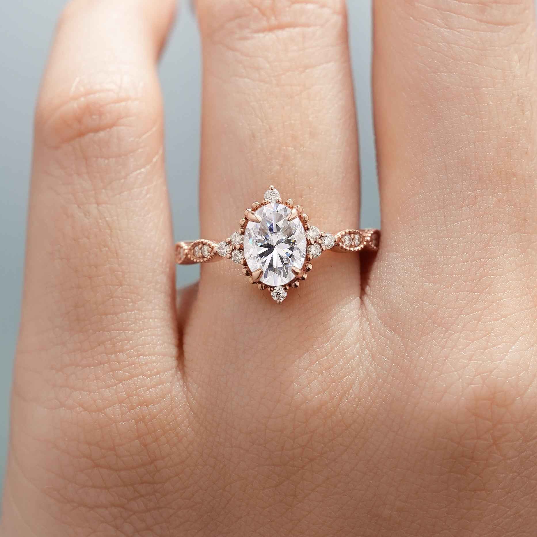 Vintage Oval Shaped Moissanite Engagement Ring Moissanite Cluster