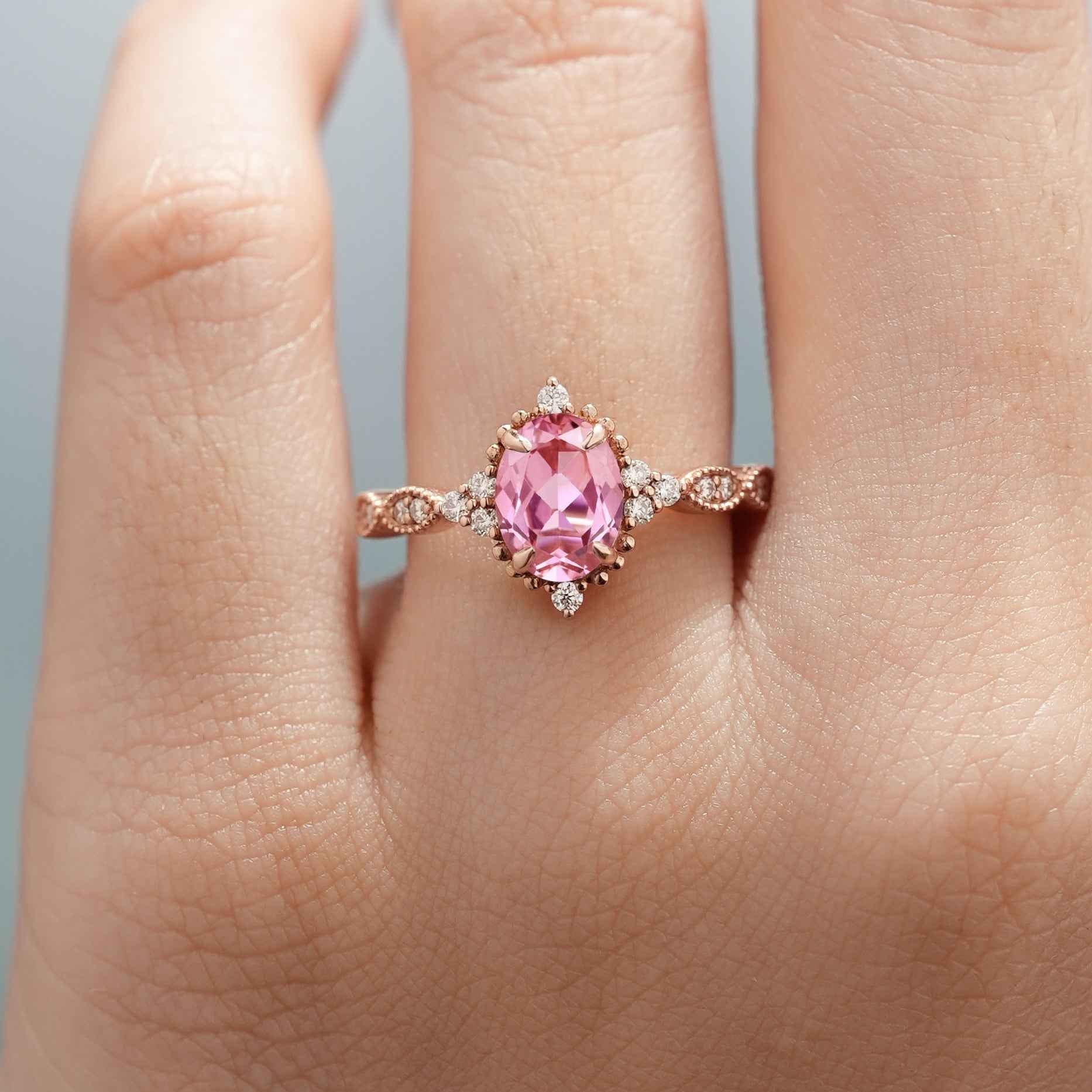 Affordable Oval Cut Lab Pink Sapphire Rose Gold Engagement Ring