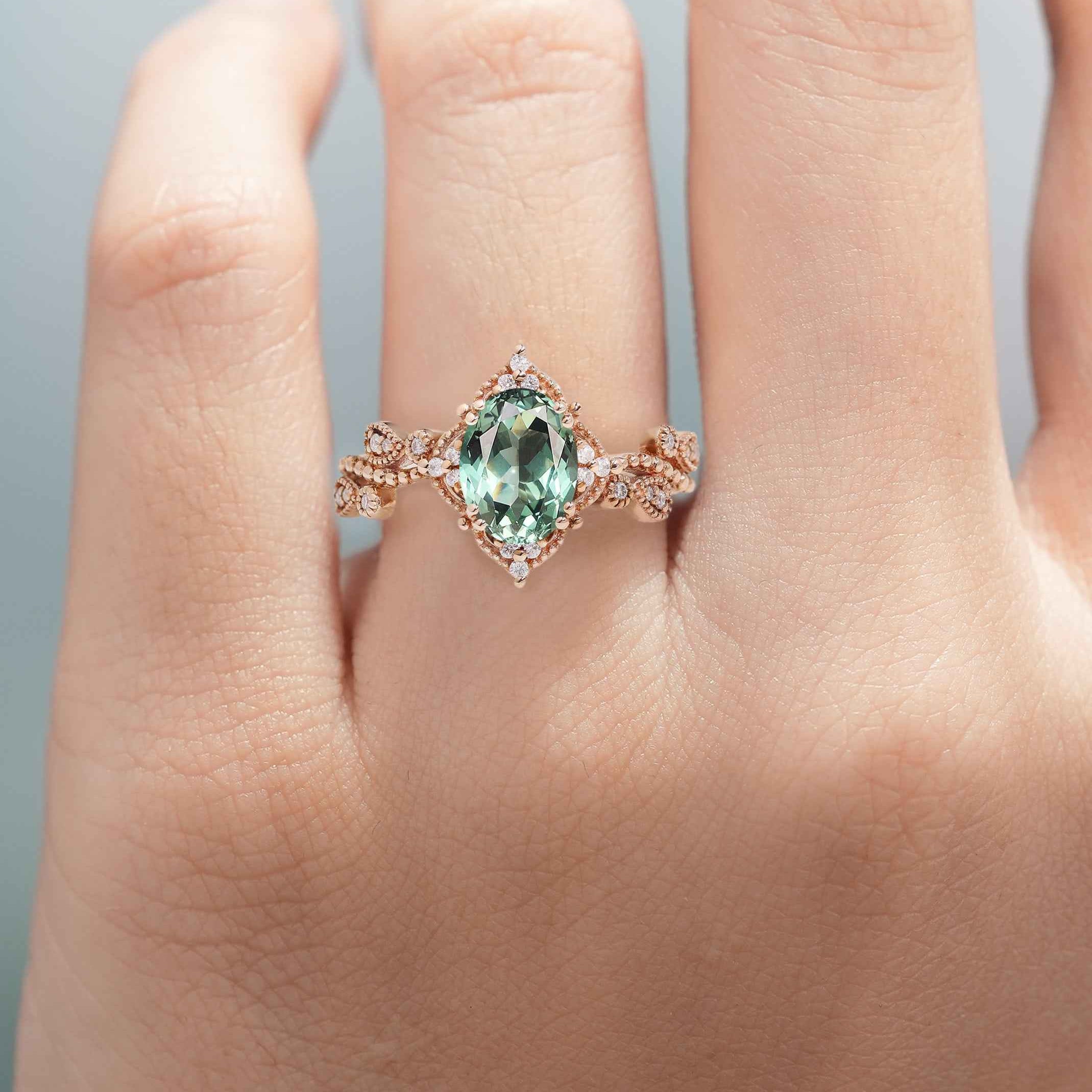 Unique Oval Cut Lab Green Sapphire Engagement Ring