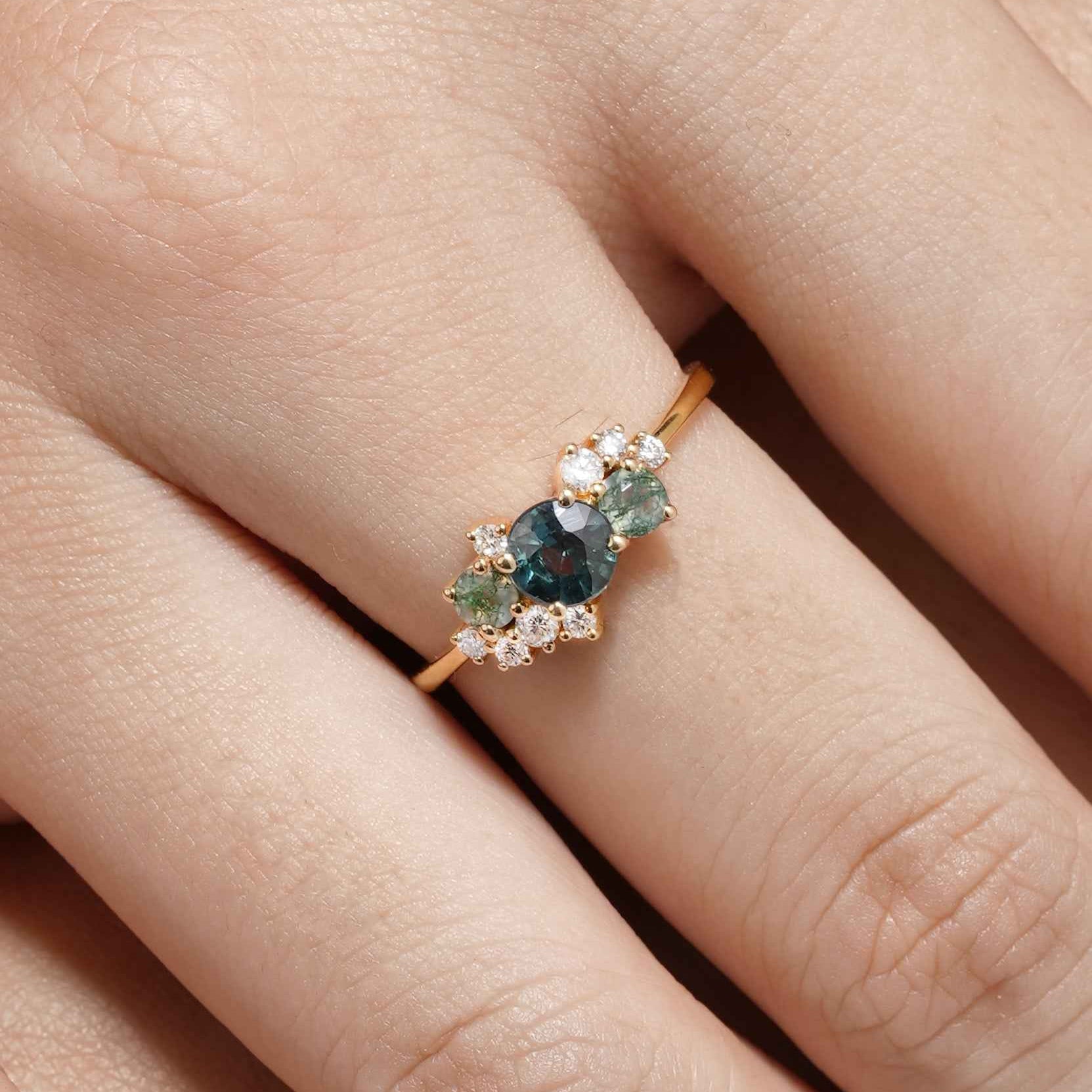 Art Deco Teal Sapphire Engagement Ring With Moss Agate And Moissainte