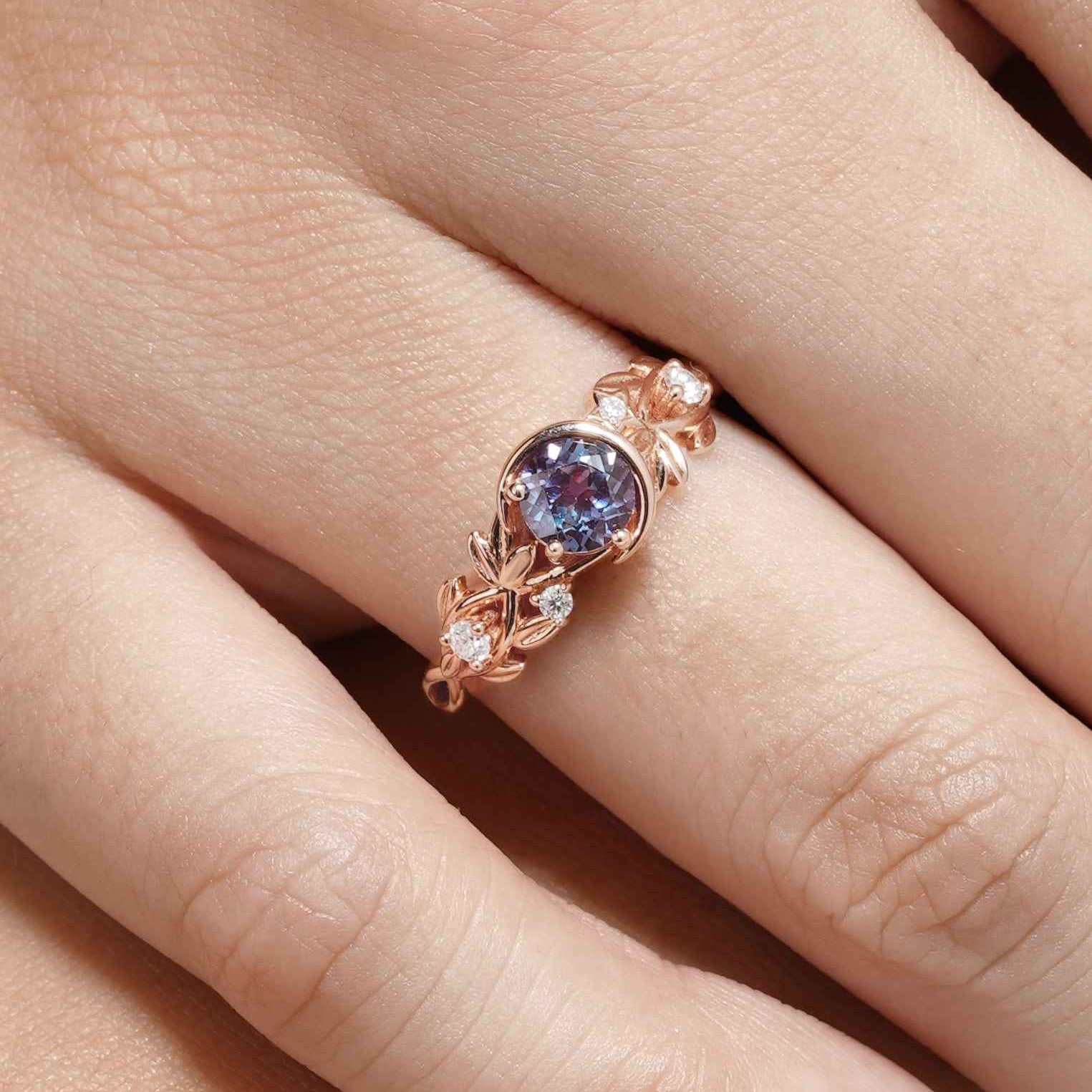 Vintage Alexandrite Engagement Ring Leaf Floral Custom Promoise Ring