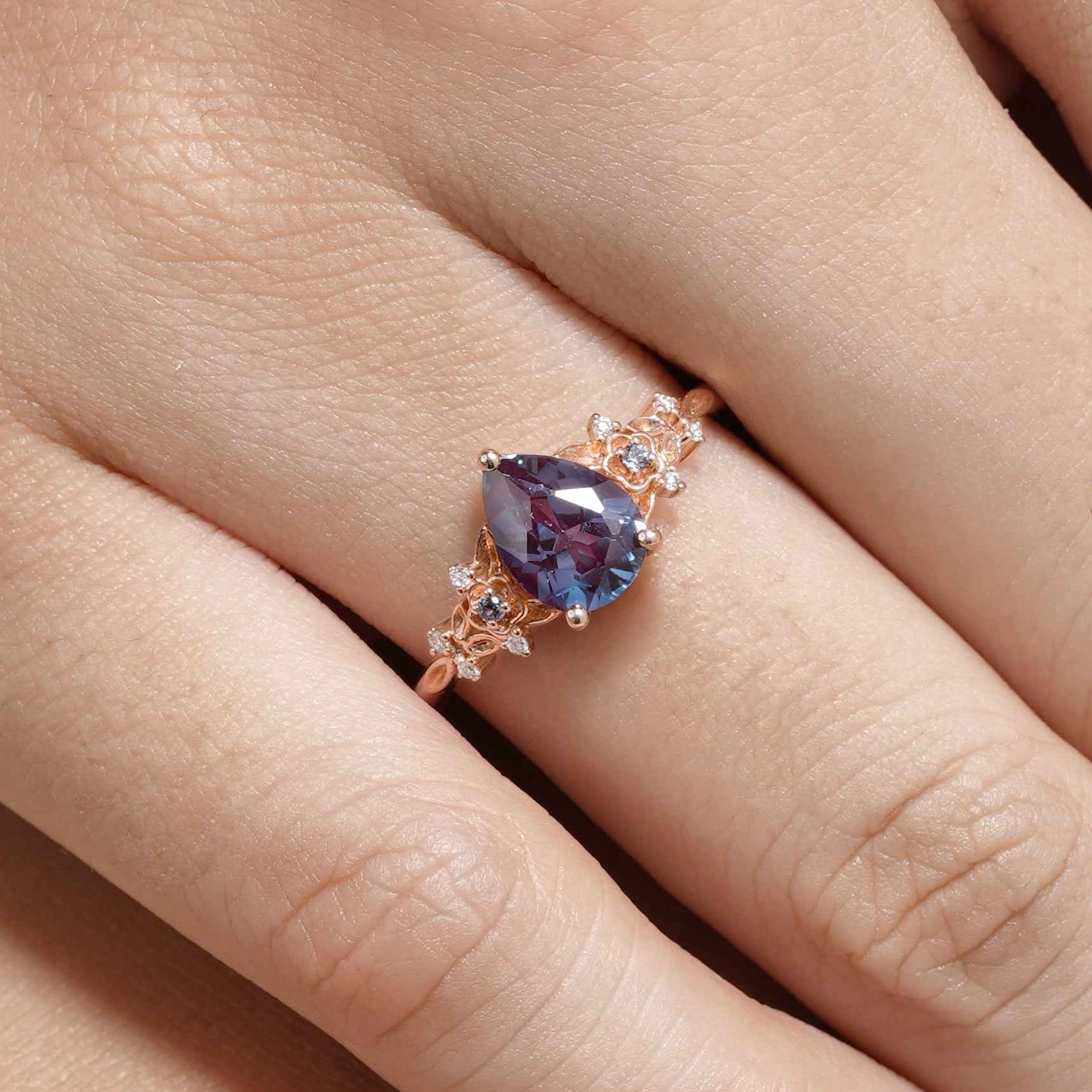 Natural Inspired Ring Floral Alexandrite Engagement Ring Pear Cut Ring