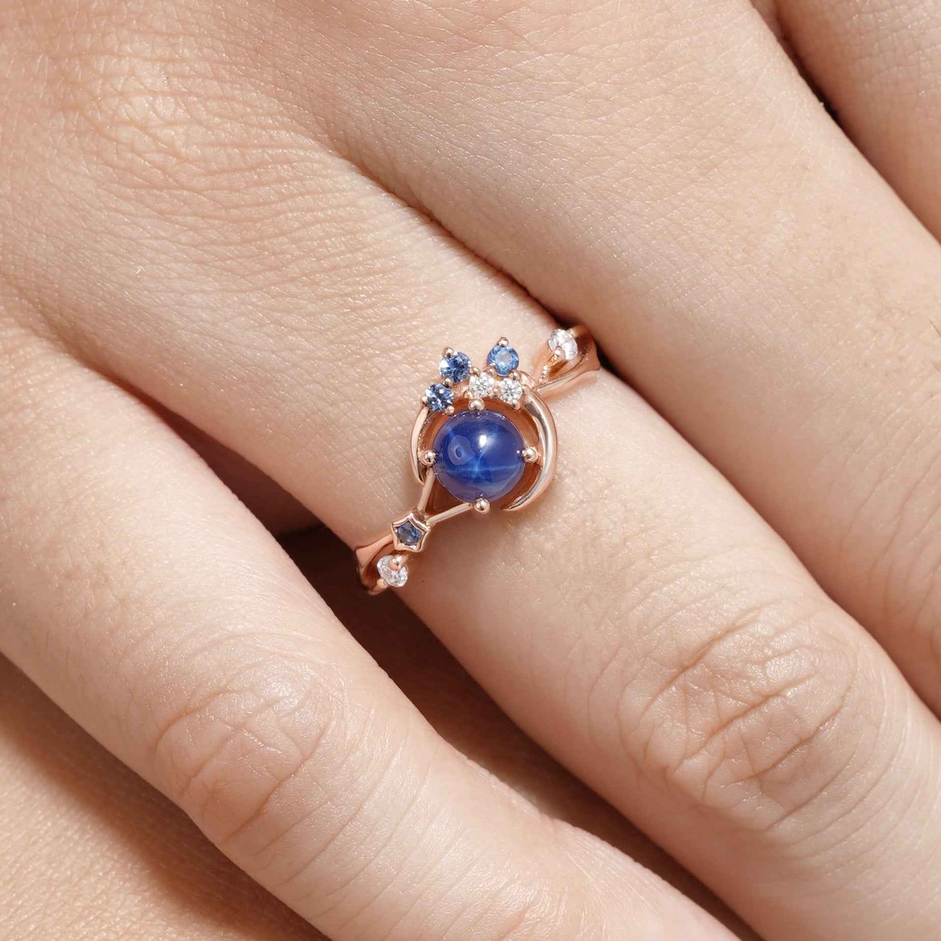 Unique Design Engagement Ring Star Sapphire Moon Star Promise Ring