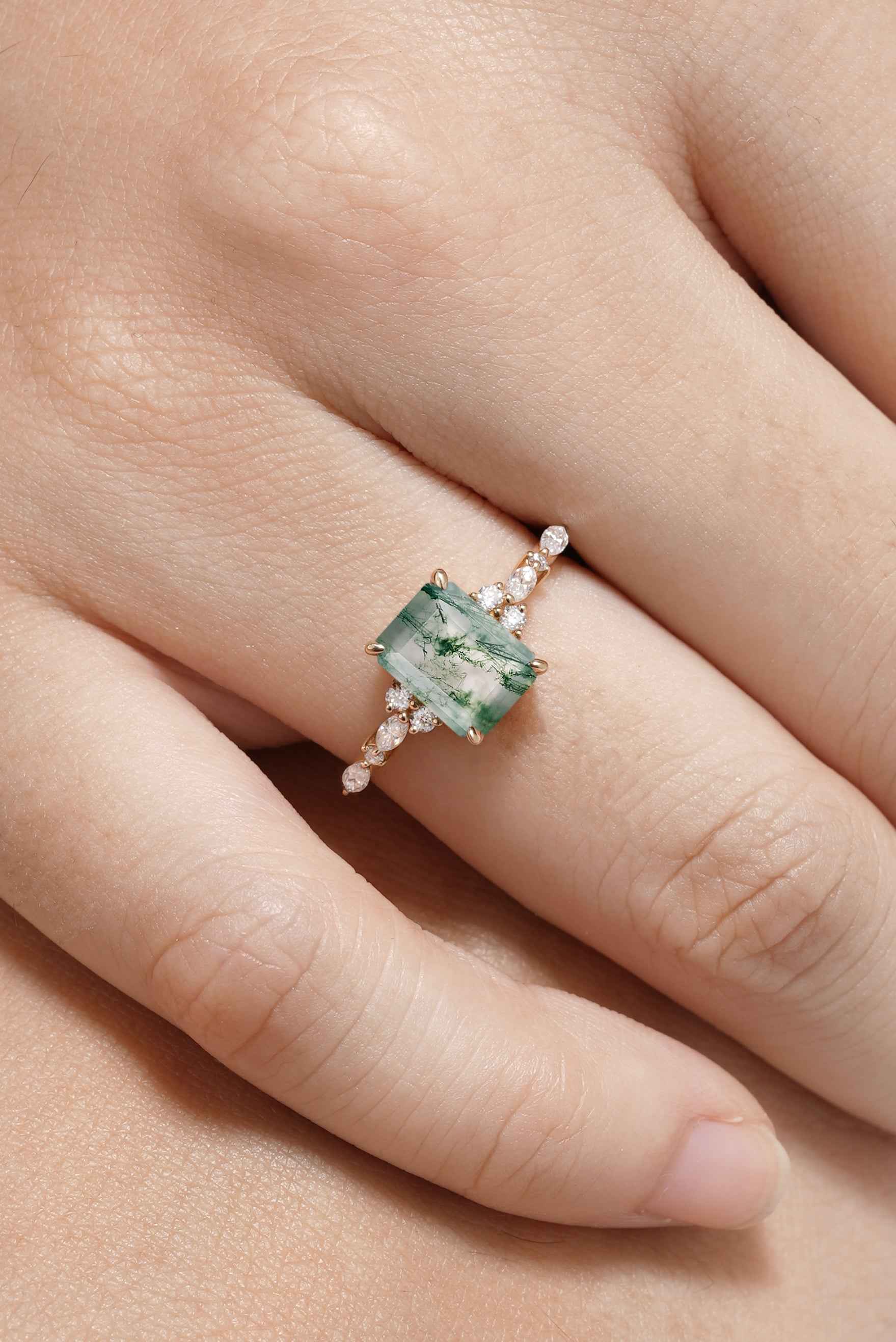 Signautre Vintage Emerald Cut Moss Agate Engagement Ring