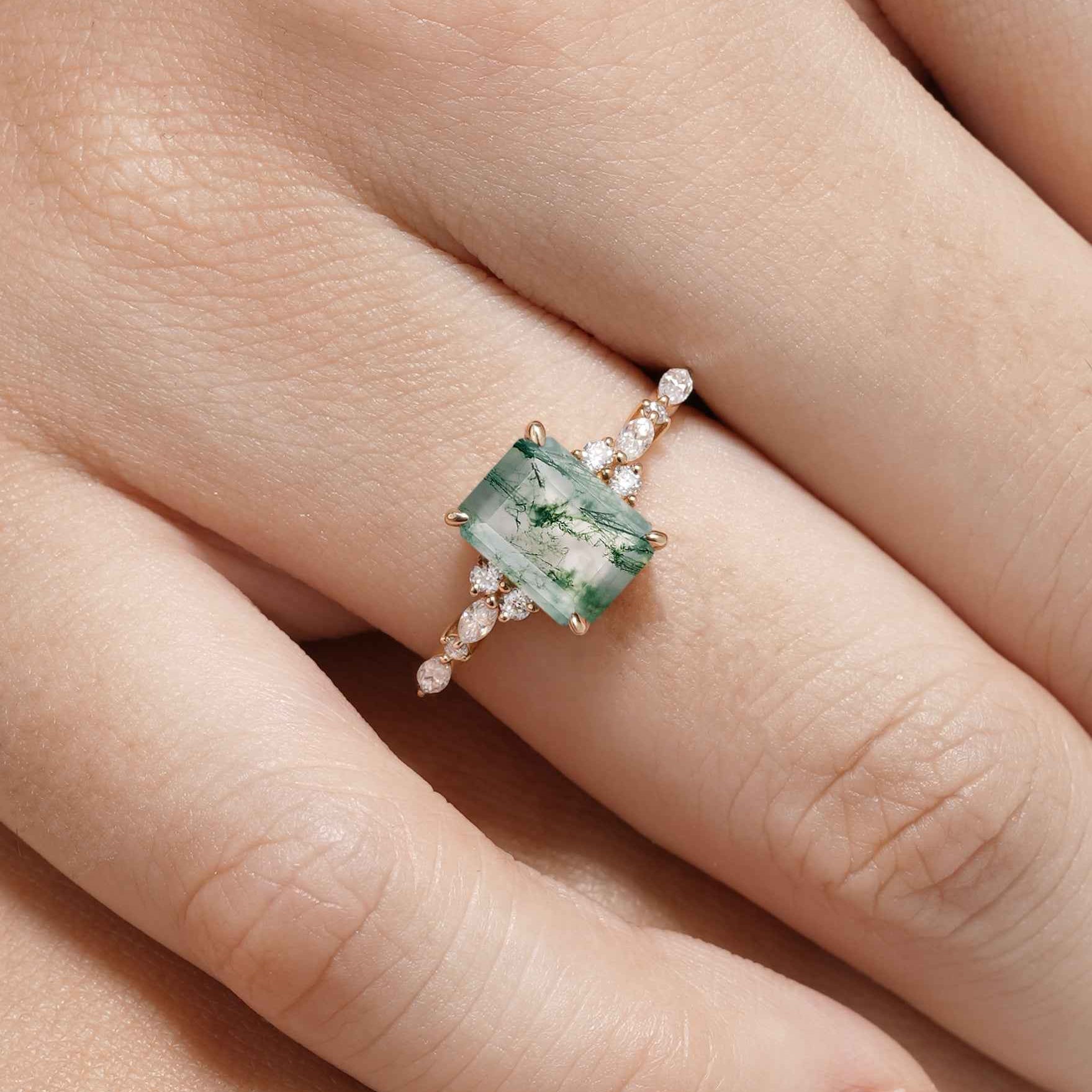 Signautre Vintage Emerald Cut Moss Agate Engagement Ring