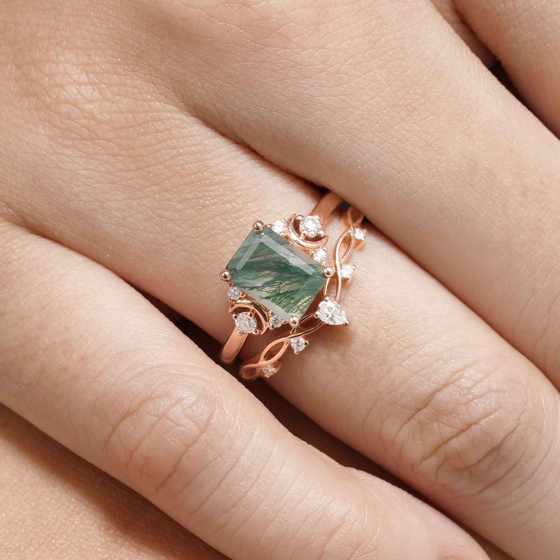 Nature Inspired Emerald Cut Moss Agate Engagement Ring Set With Moon Shaped