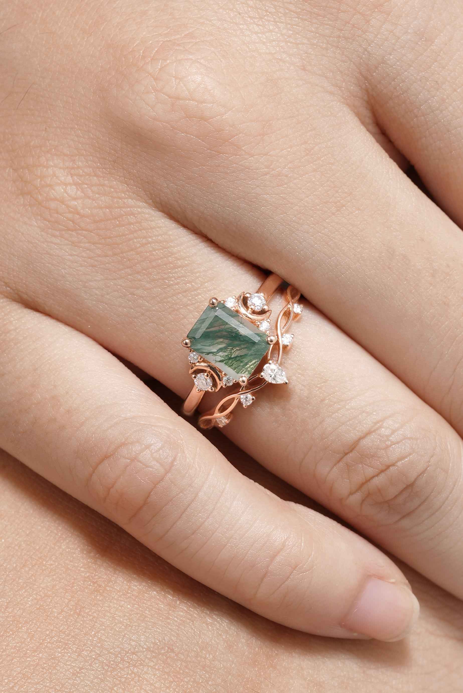 Nature Inspired Emerald Cut Moss Agate Engagement Ring Set With Moon Shaped