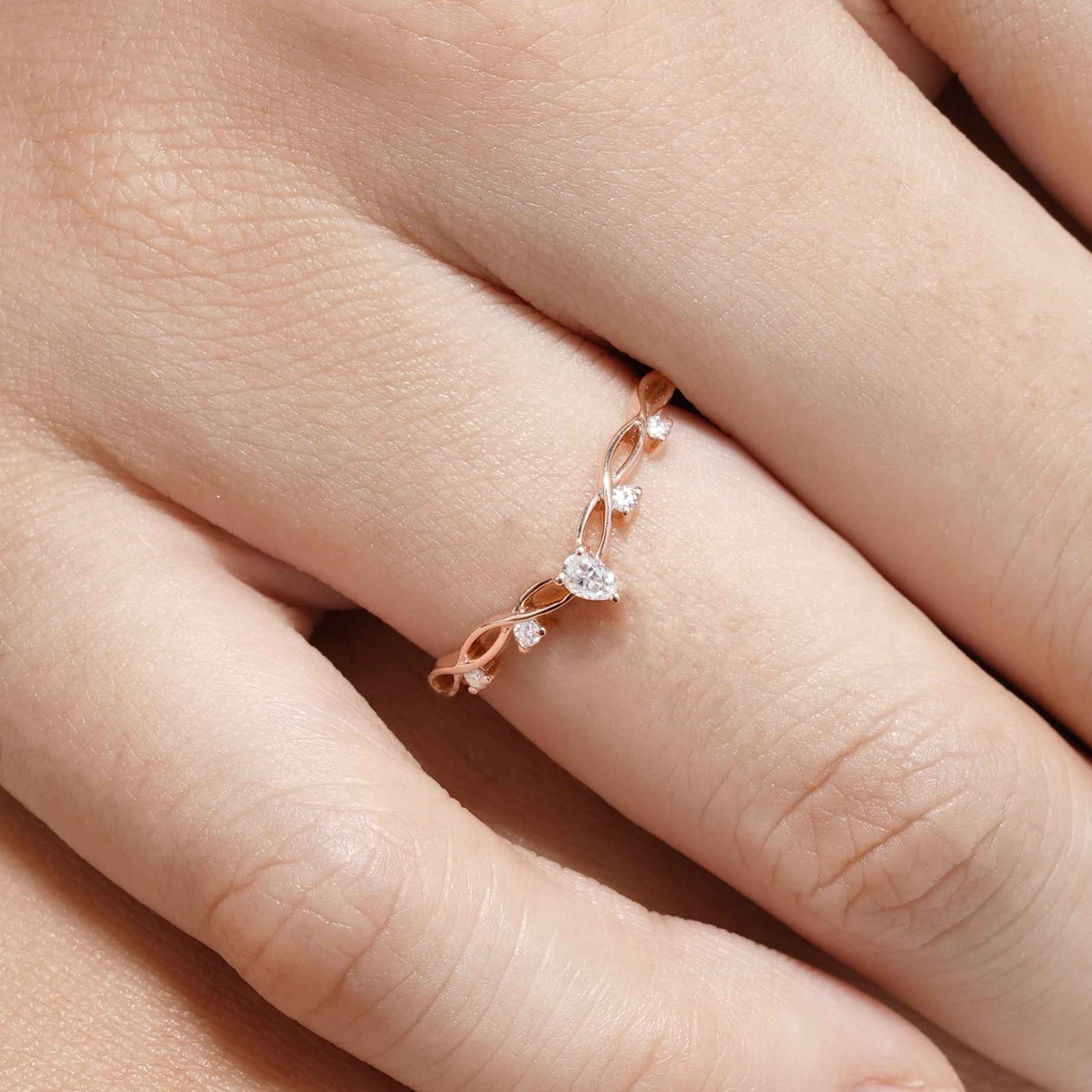 Minimalist Pear Cut Mossianite Wedding Band Rose Gold Anniversary Ring