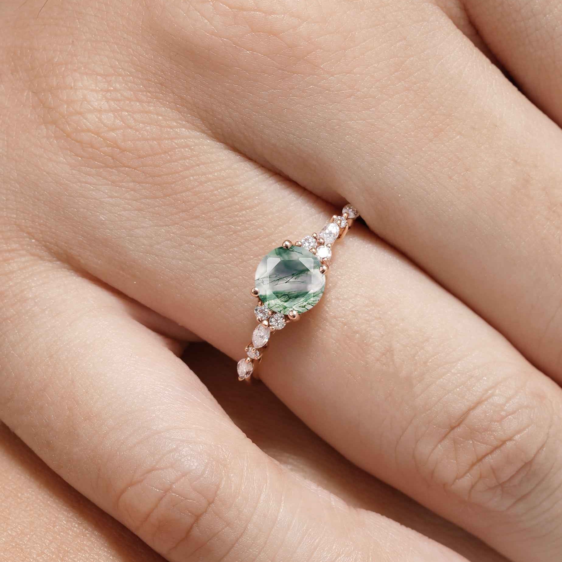 Unique Round Moss Agate Engagement Ring Handmade Ring