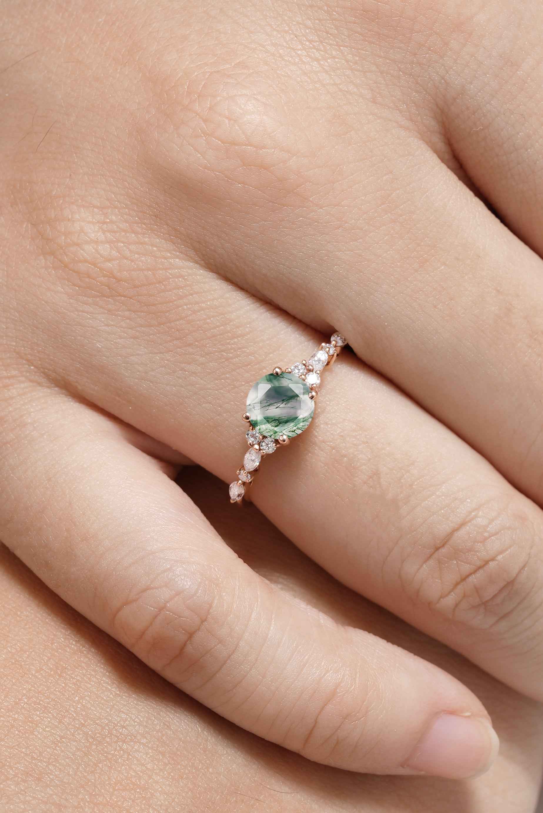 Unique Round Moss Agate Engagement Ring Handmade Ring