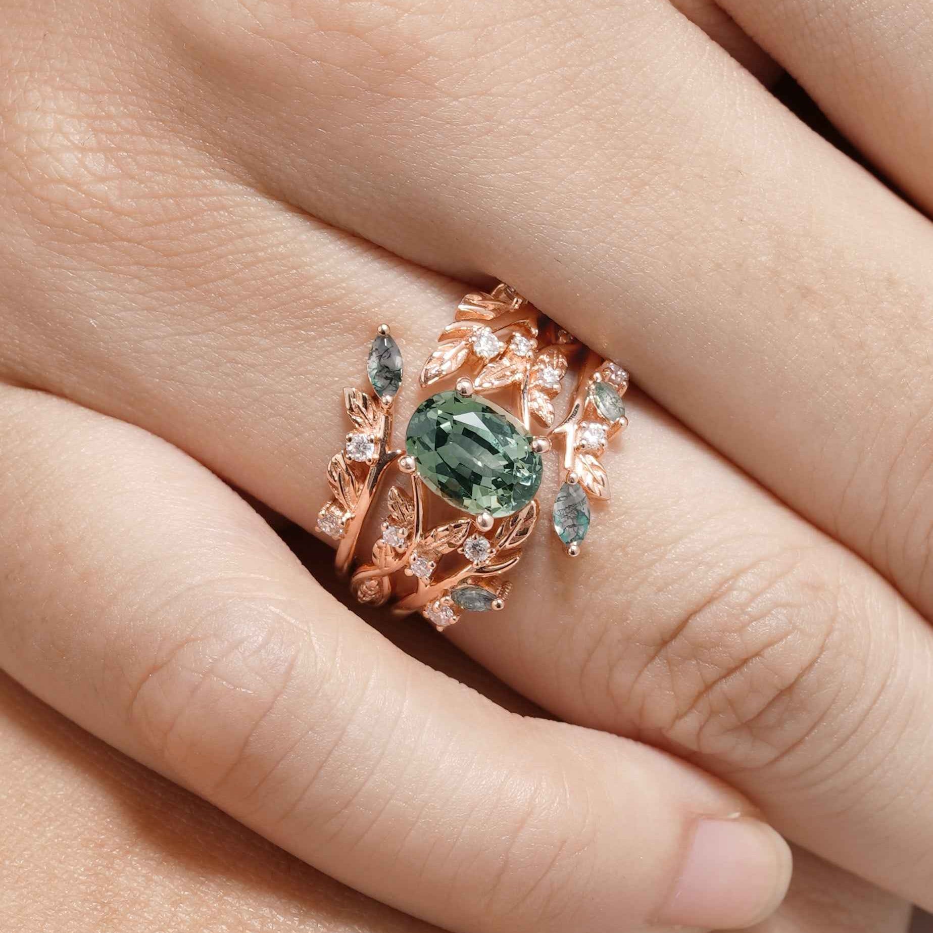 Green Sapphire Engagement Ring Moss Agate Enhancer Leaf Branch Double Wedding Band