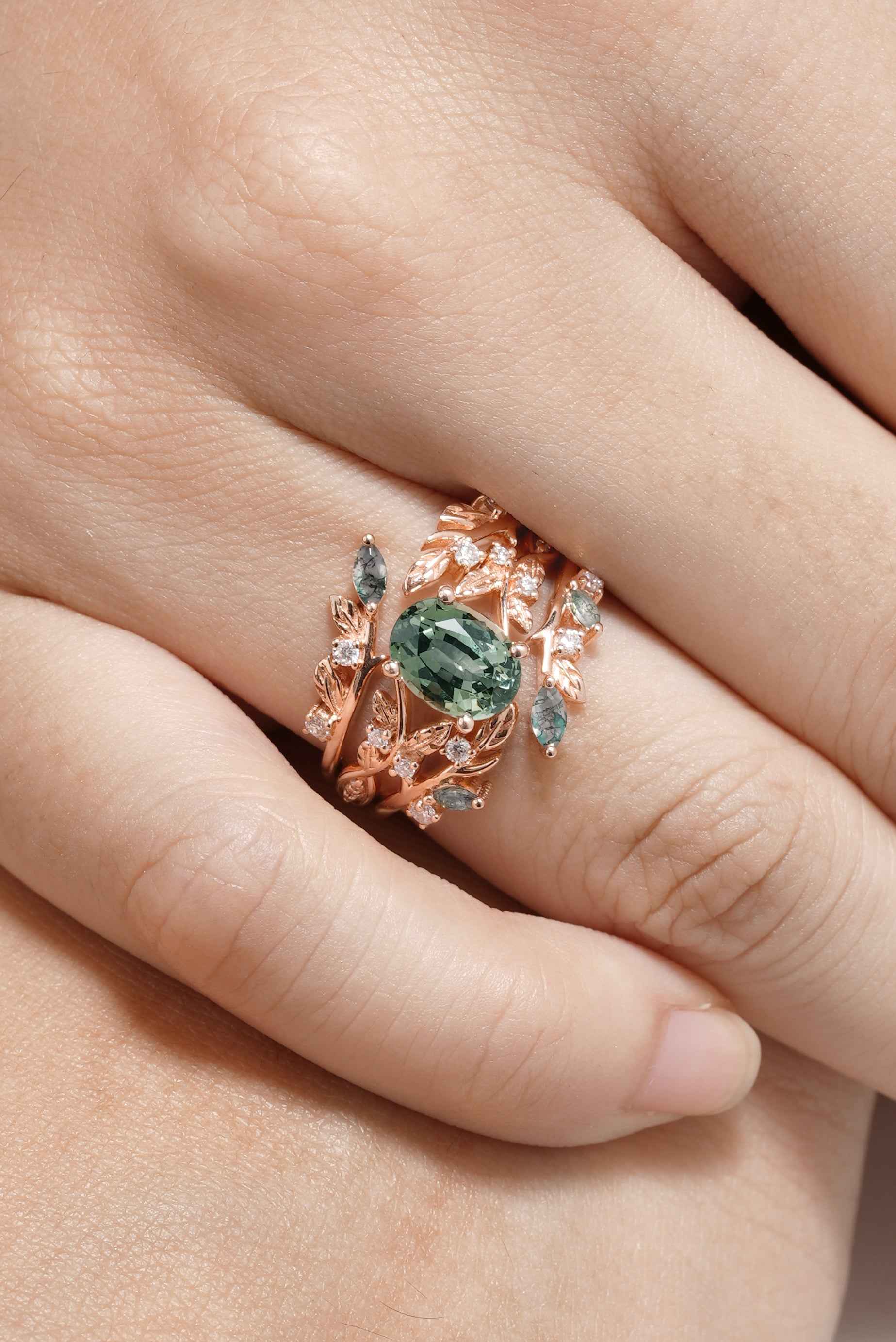 Green Sapphire Engagement Ring Moss Agate Enhancer Leaf Branch Double Wedding Band