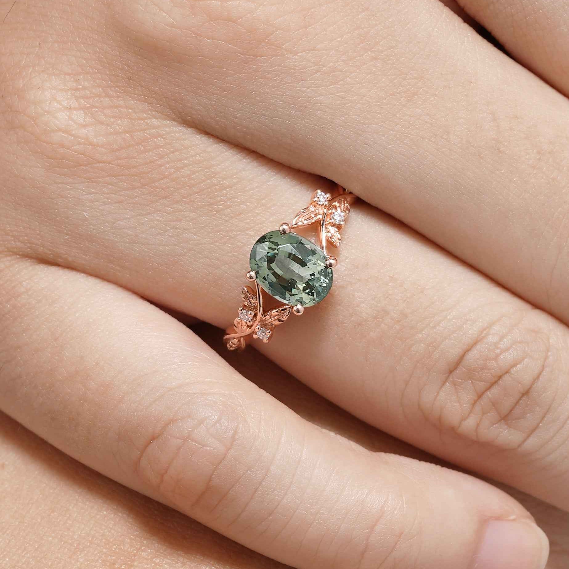 Unique Oval Cut Green Sapphire Engagement Ring In Rose Gold