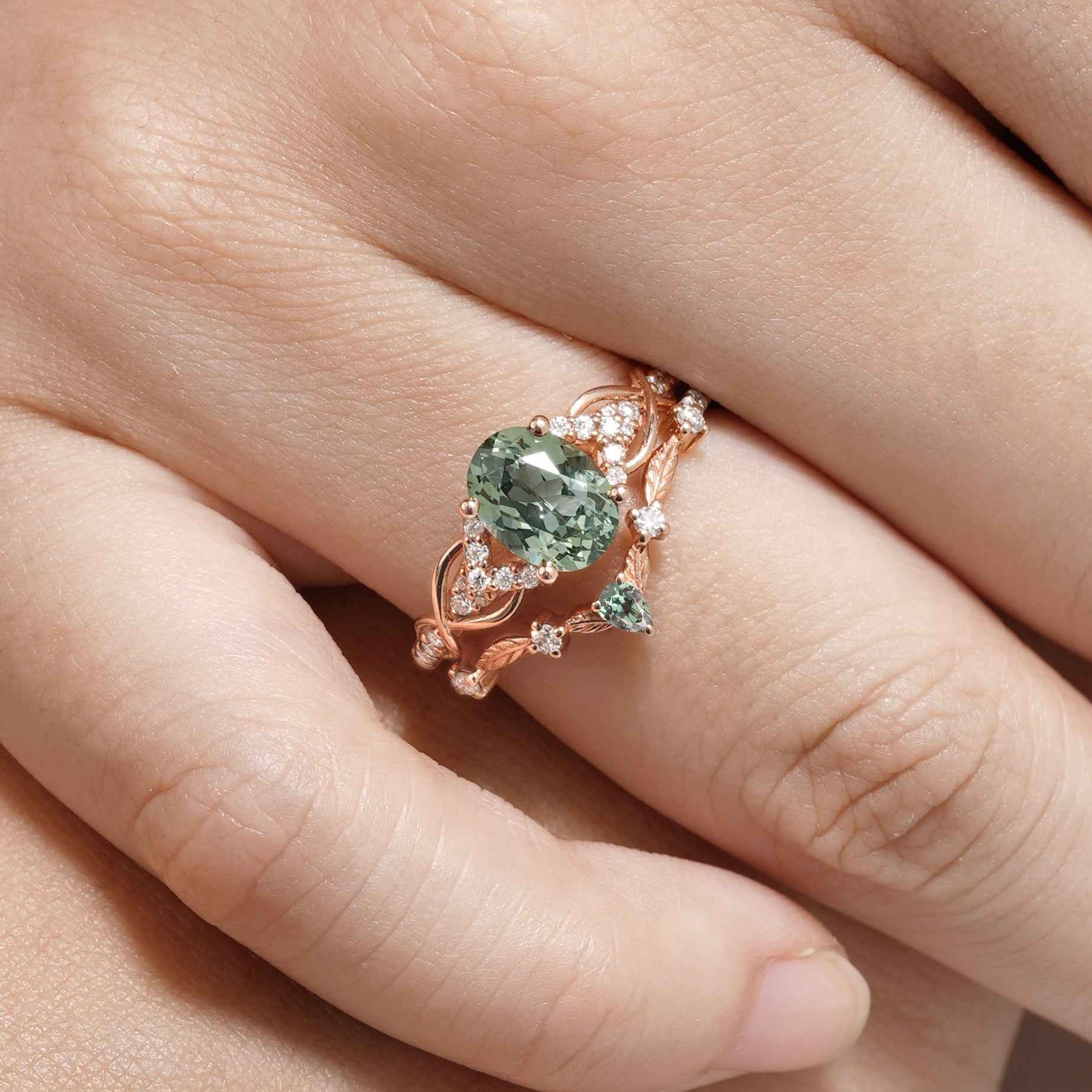 Unique Oval Cut Green Sapphire Engagement Ring Set Leafy Wedding Band