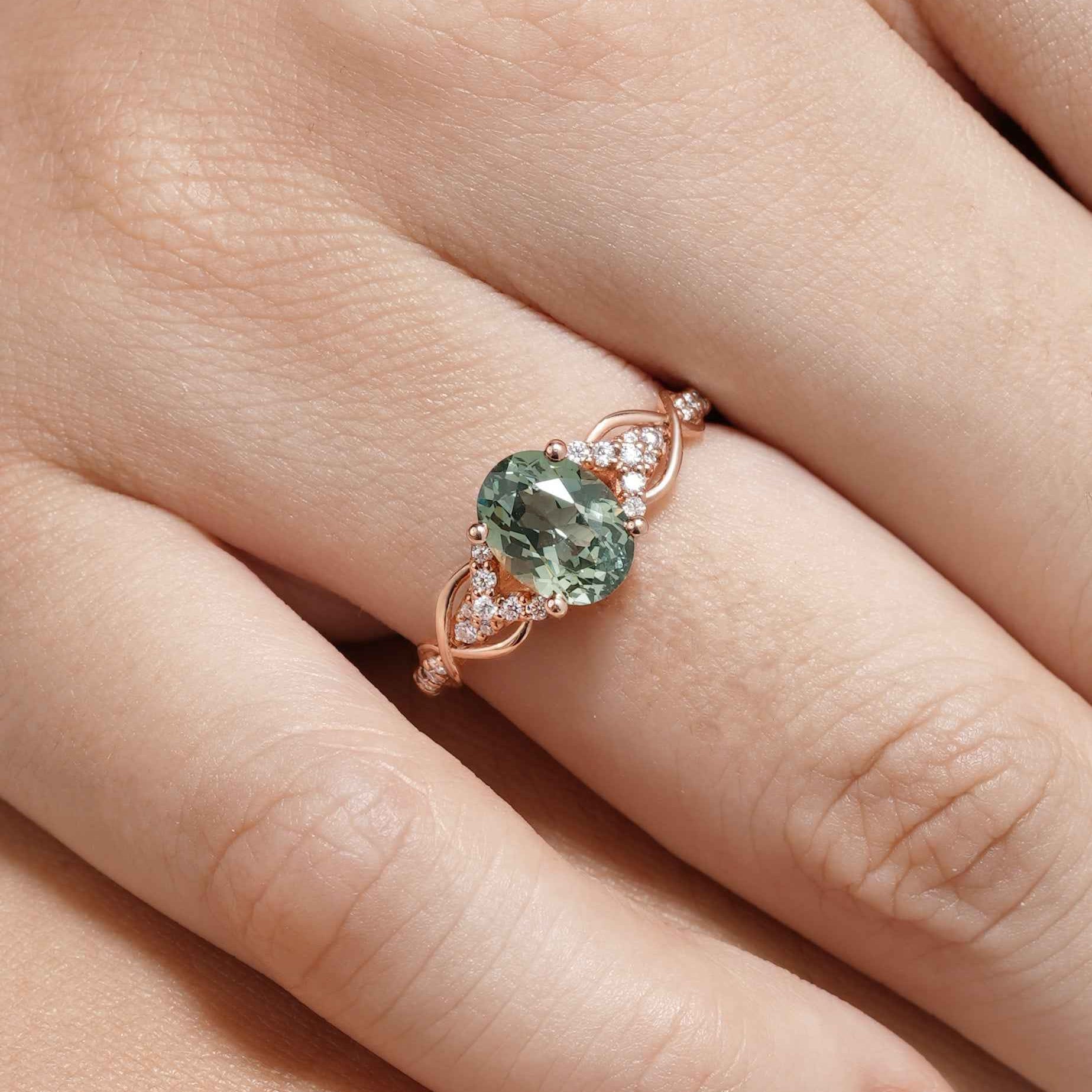 Nature Inspired Oval Cut Green Sapphire Engagement Ring