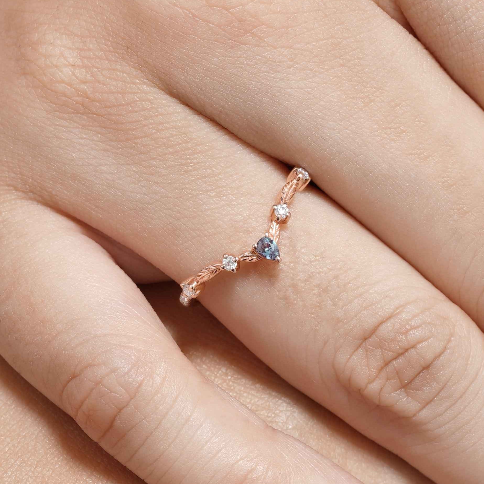 Marquise Cut Alexandrite Nature Inspired Leafy Wedding Ring