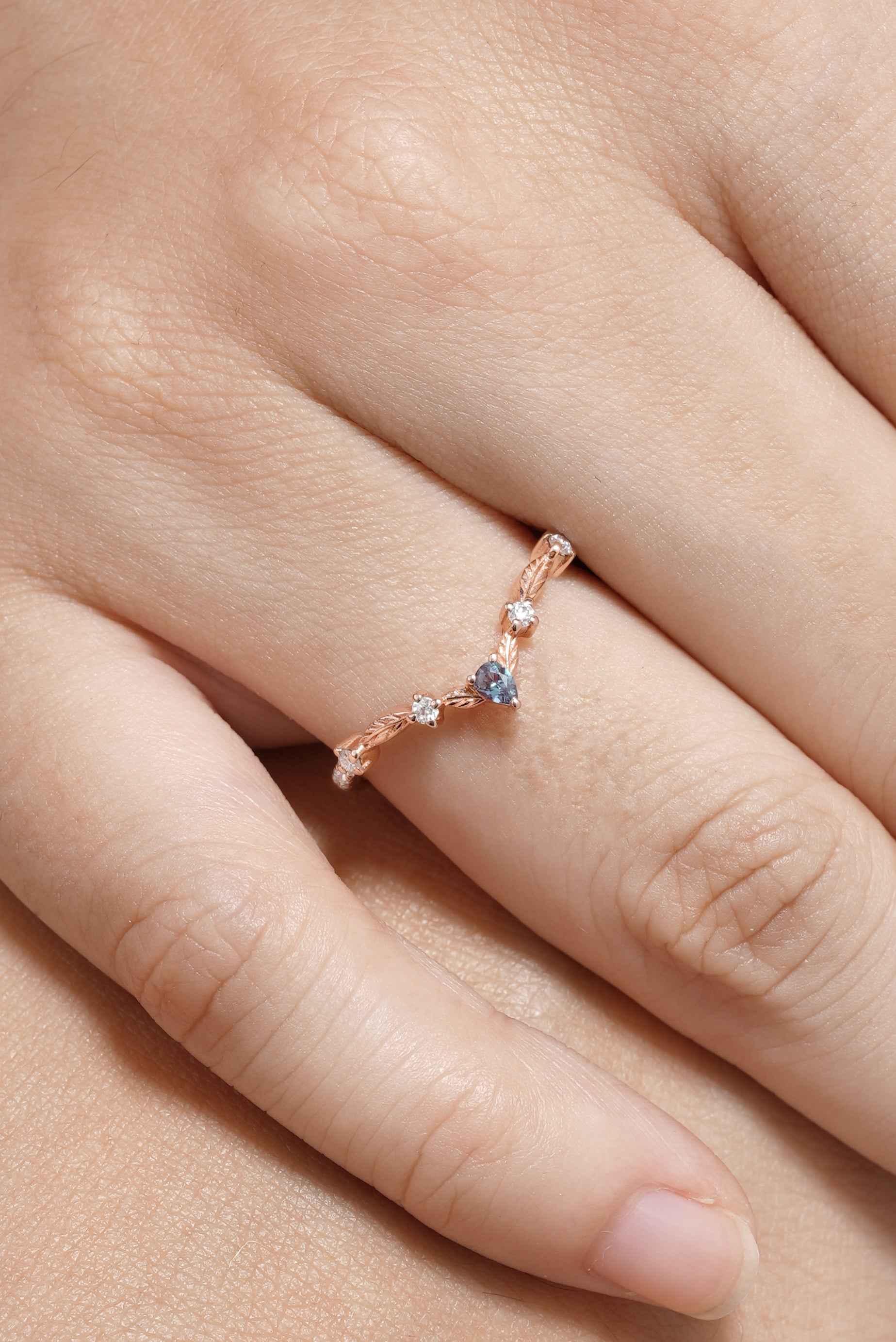 Marquise Cut Alexandrite Nature Inspired Leafy Wedding Ring